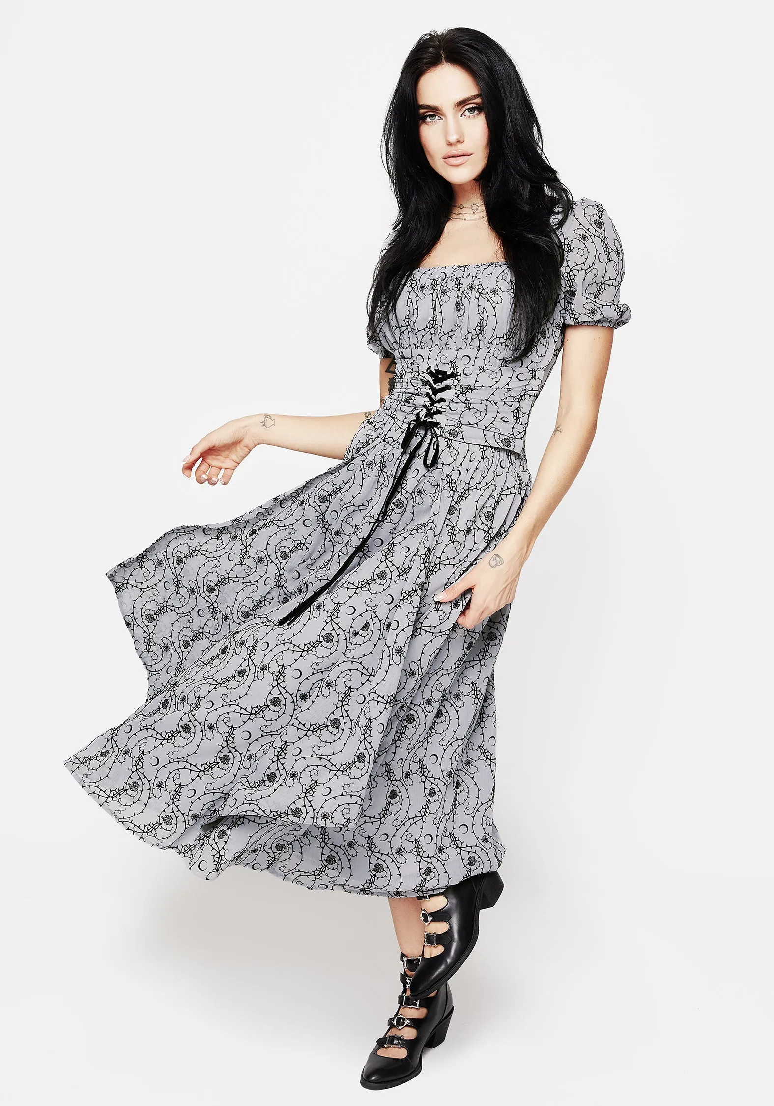 Non Irritating Edges Rosethorn Flocked Velour Chiffon Ruffle Midi Skirt - Blue