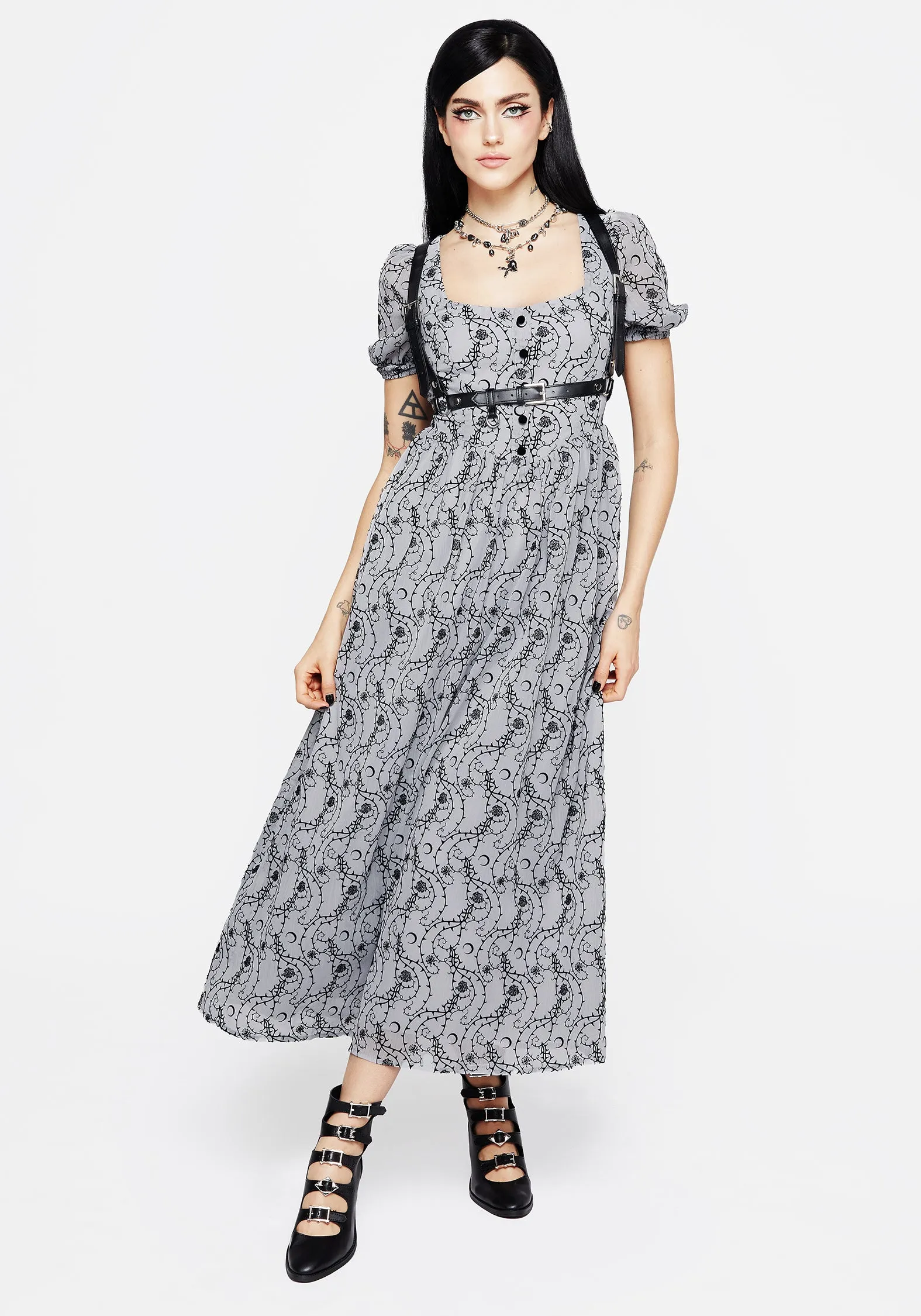 Rosethorn Flocked Velour Puff Sleeve Midaxi Dress - Blue Urban Ready Easy Layering Piece