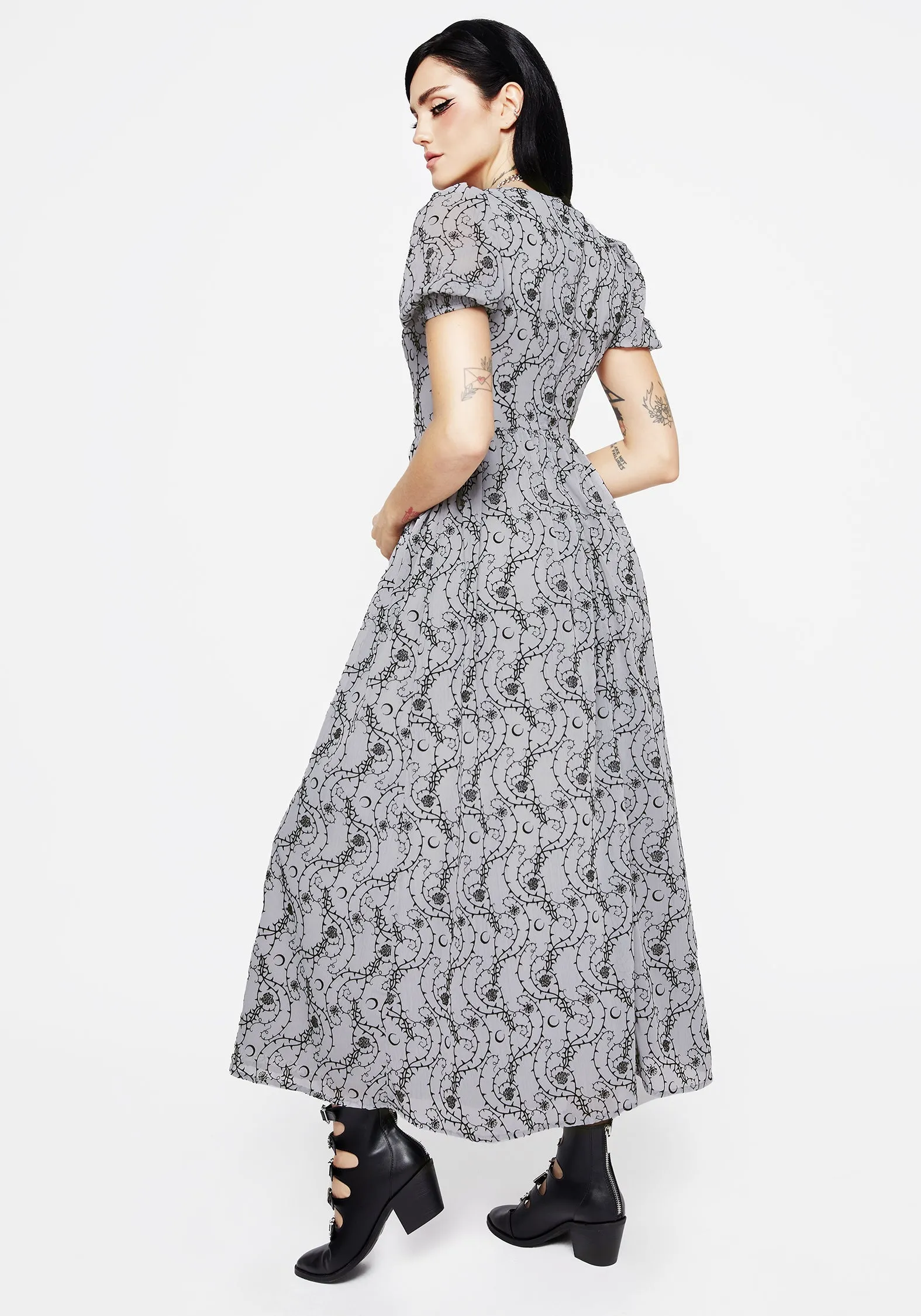 Rosethorn Flocked Velour Puff Sleeve Midaxi Dress - Blue Sporty Look