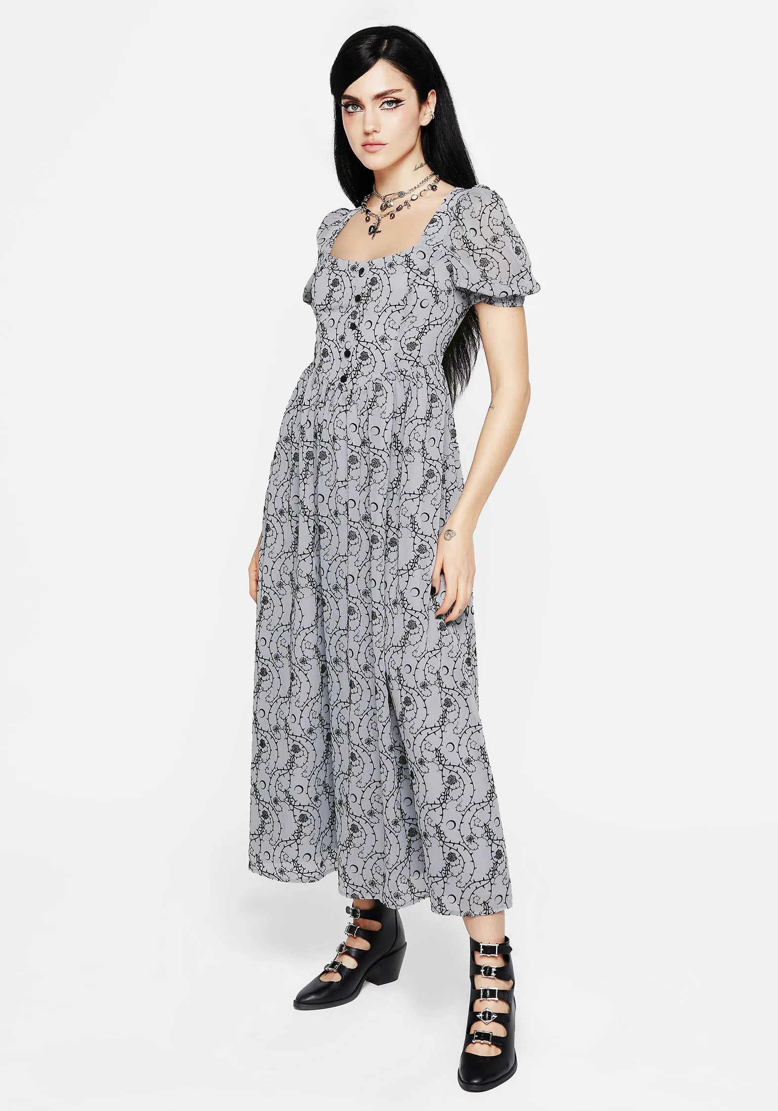 Rosethorn Flocked Velour Puff Sleeve Midaxi Dress - Blue Gala Ready Feminine Design