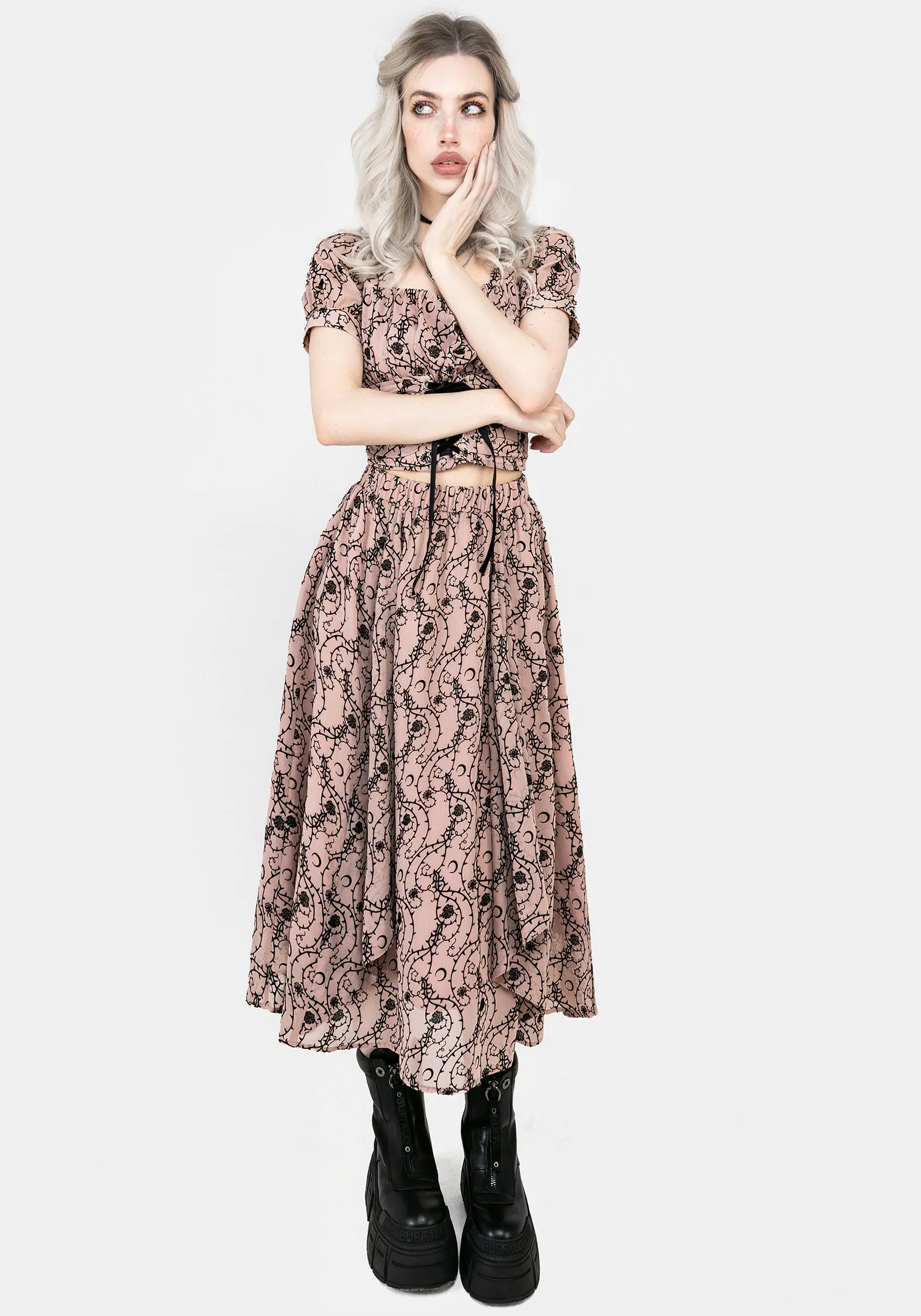 Sophisticated Mood Invisible Seams Rosethorn Ruffle Midi Skirt