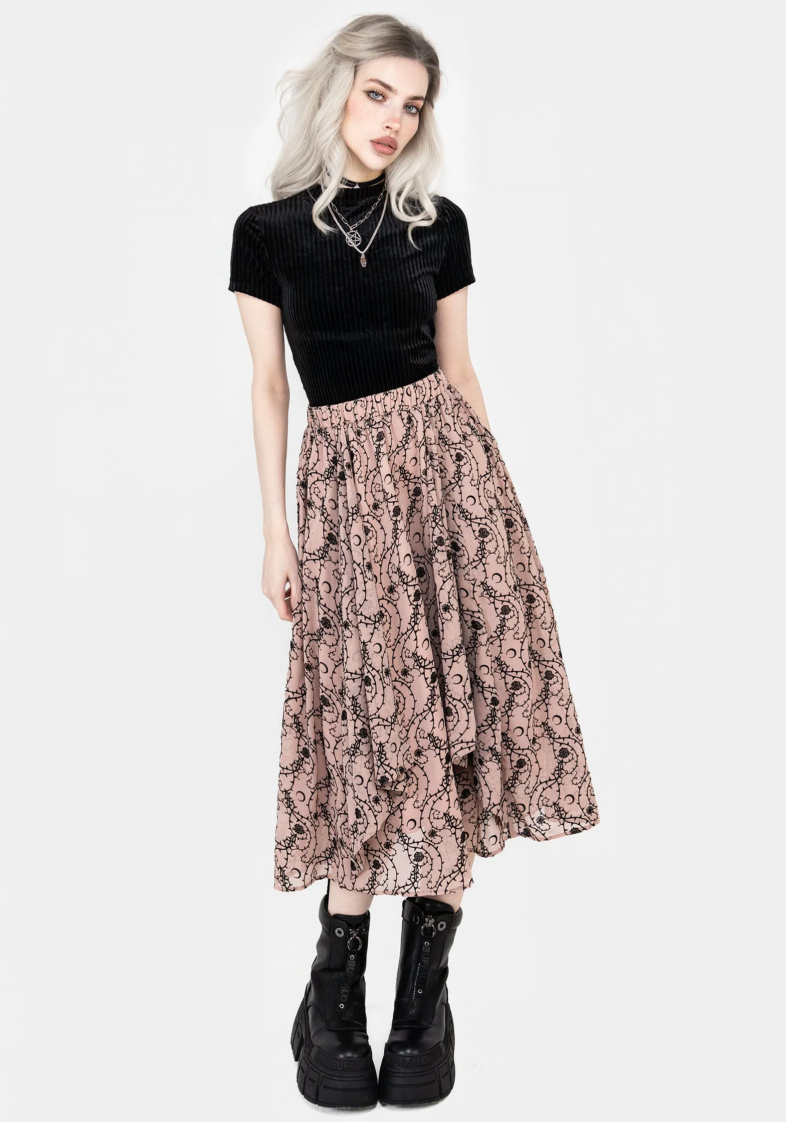 Rosethorn Ruffle Midi Skirt Slim Fit Band