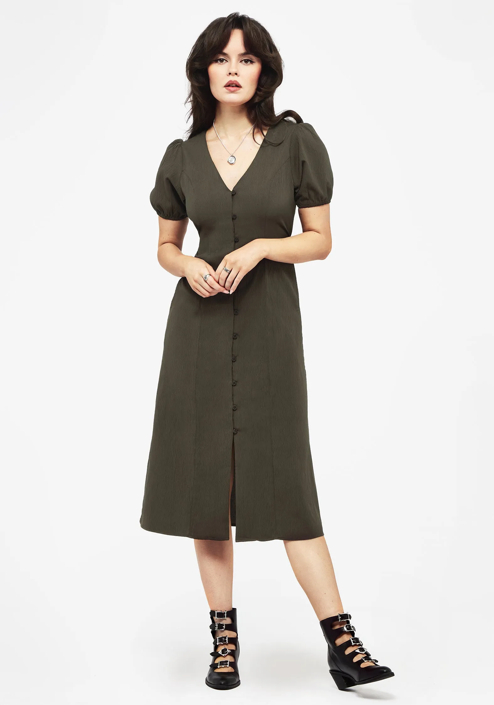 Chic Layers Subtle Glamour Rosette Button Up Midi Dress
