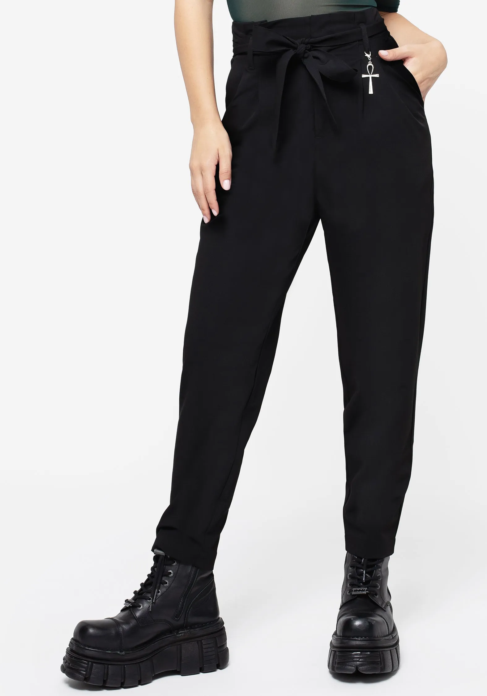 Tangle Free Cuffs Plus-size option Dinza Tie Waist Tapered Trousers