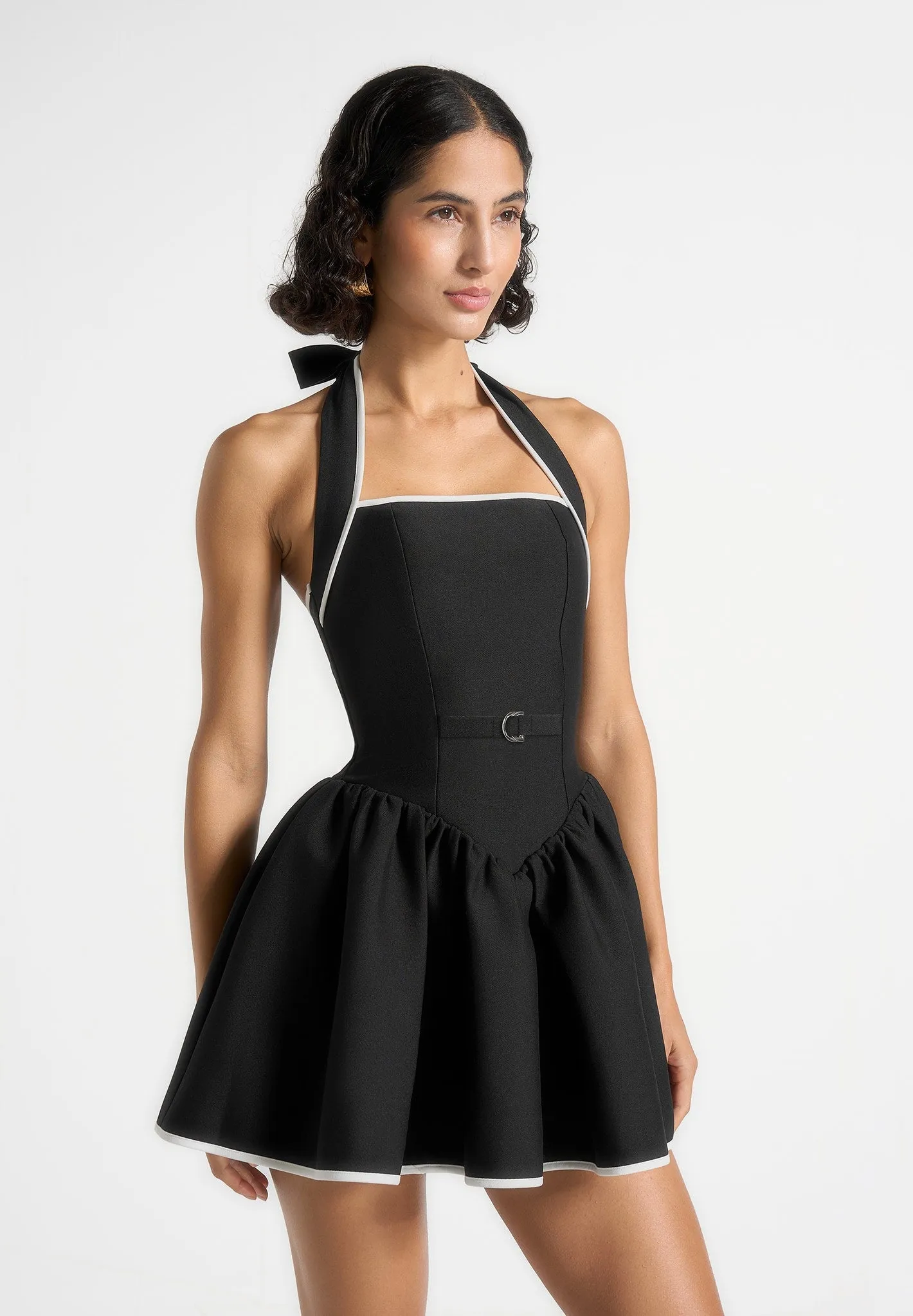 Contrast-Panel Minimalist fit-and-flare Roxana - Halter Neck Belted Mini Dress - Black
