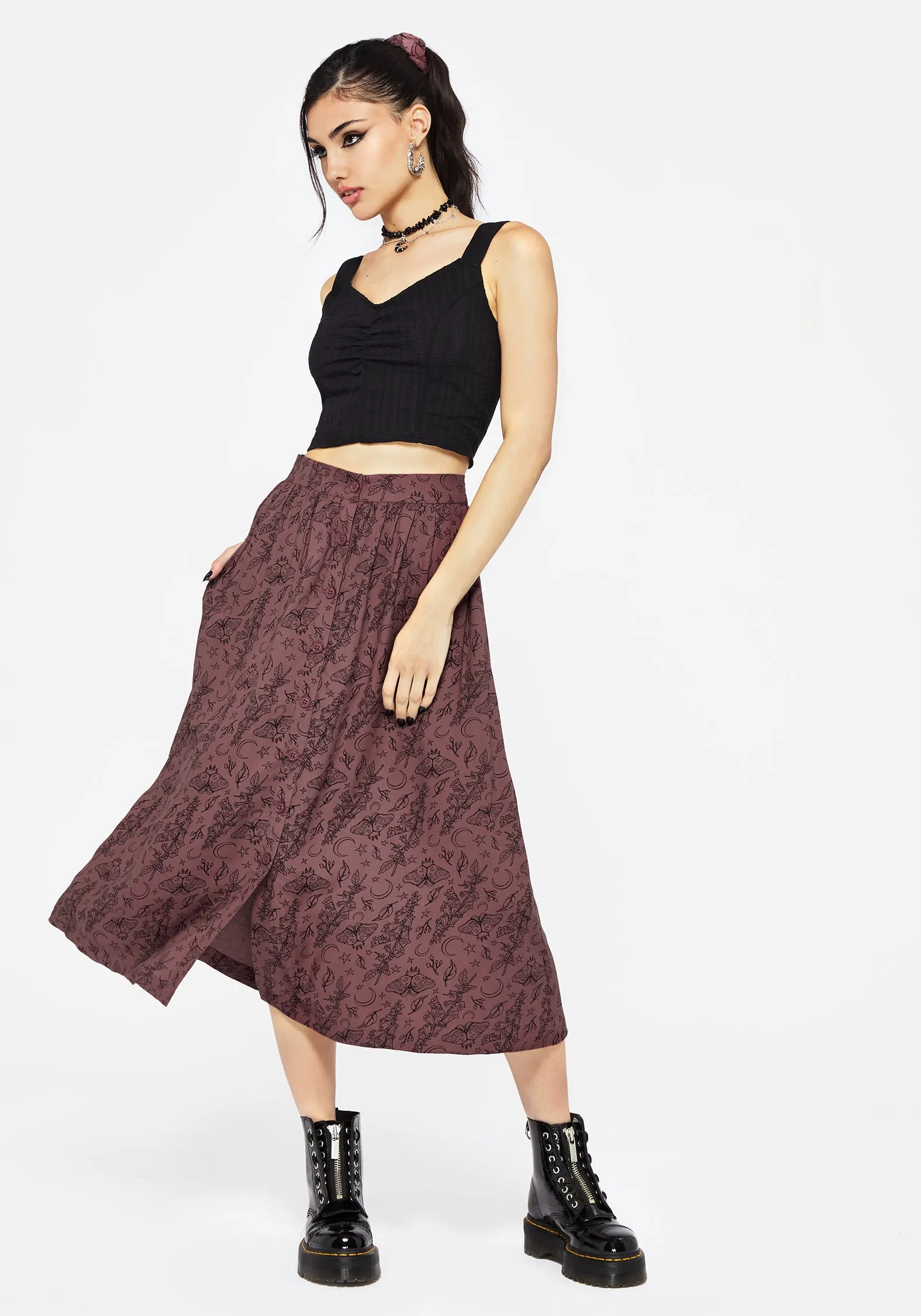 Roxana Moth Foxglove Button Down Midi Skirt Adjustable Closure