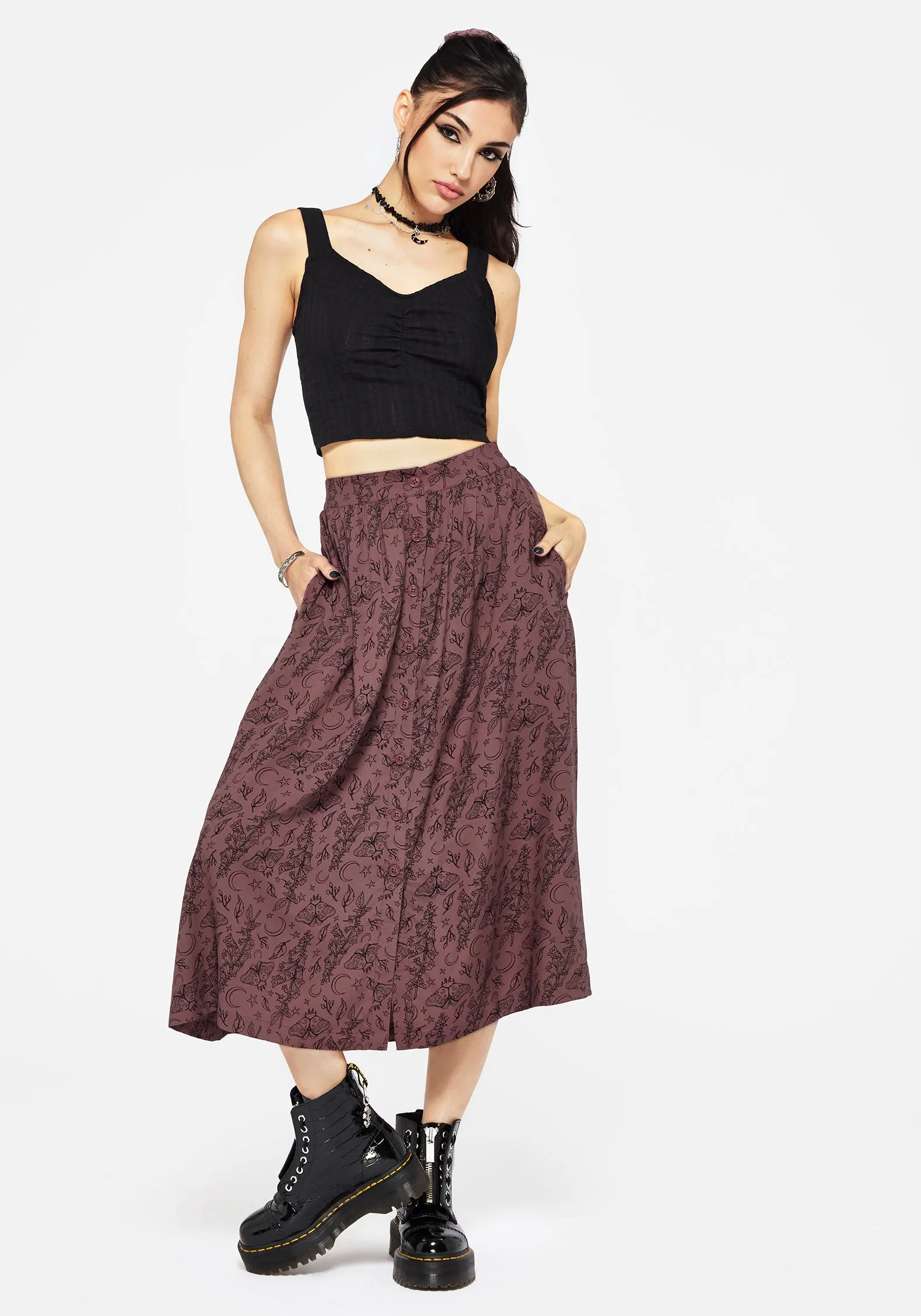 Simple Look Curve Friendly Roxana Moth Foxglove Button Down Midi Skirt