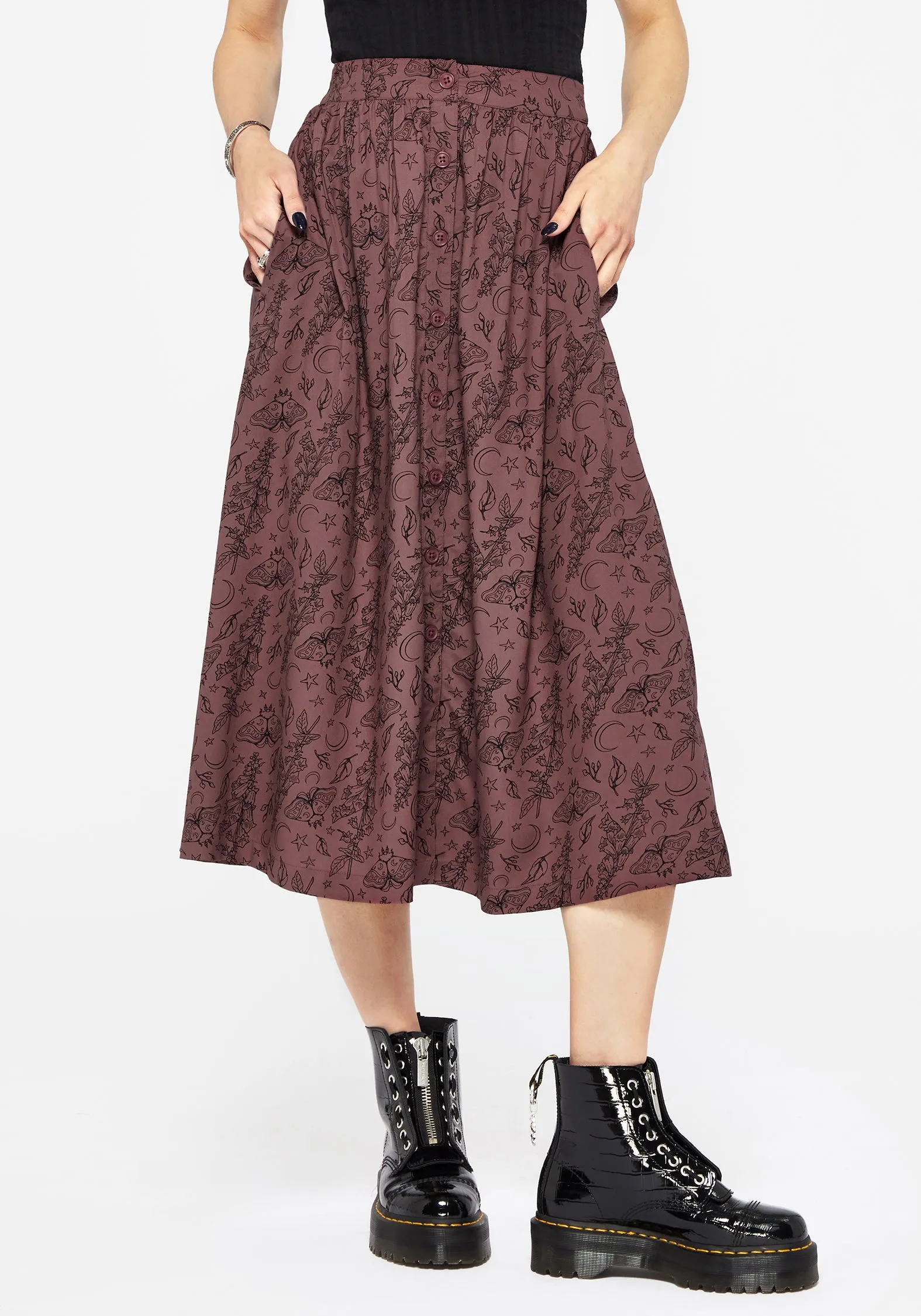 Outfit Display Urban Edge Roxana Moth Foxglove Button Down Midi Skirt