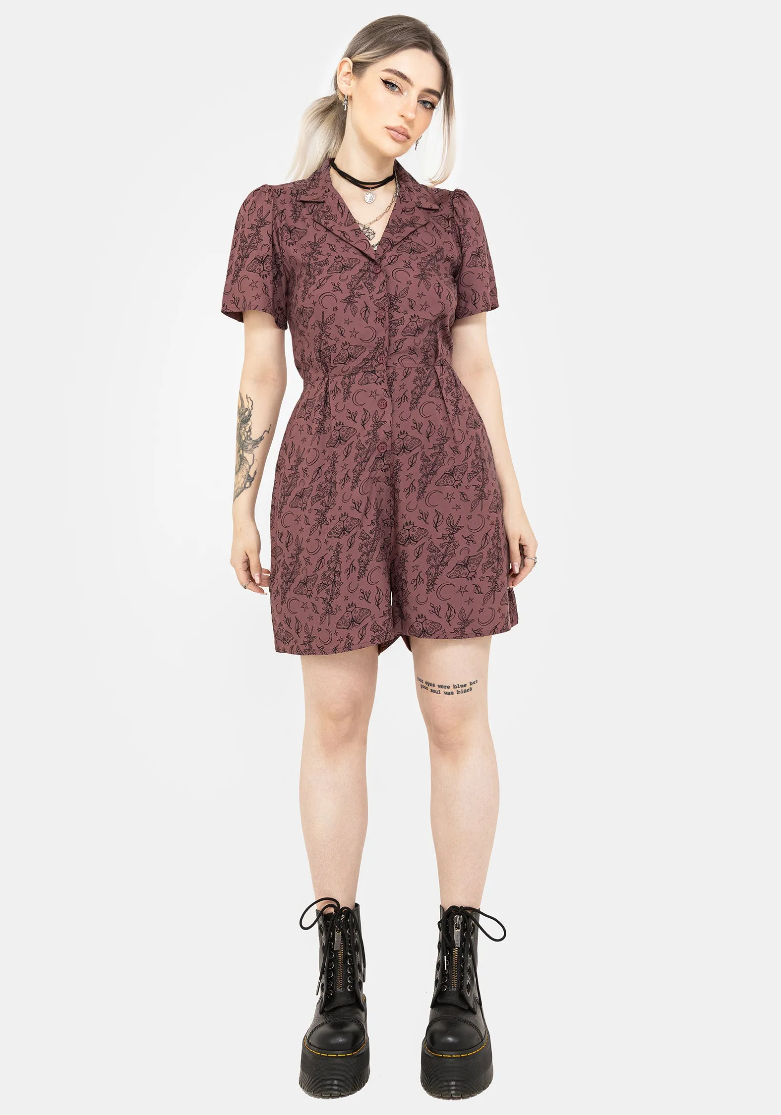 Sporty Model Fresh Resort Roxana Moth Foxglove Button Up Playsuit