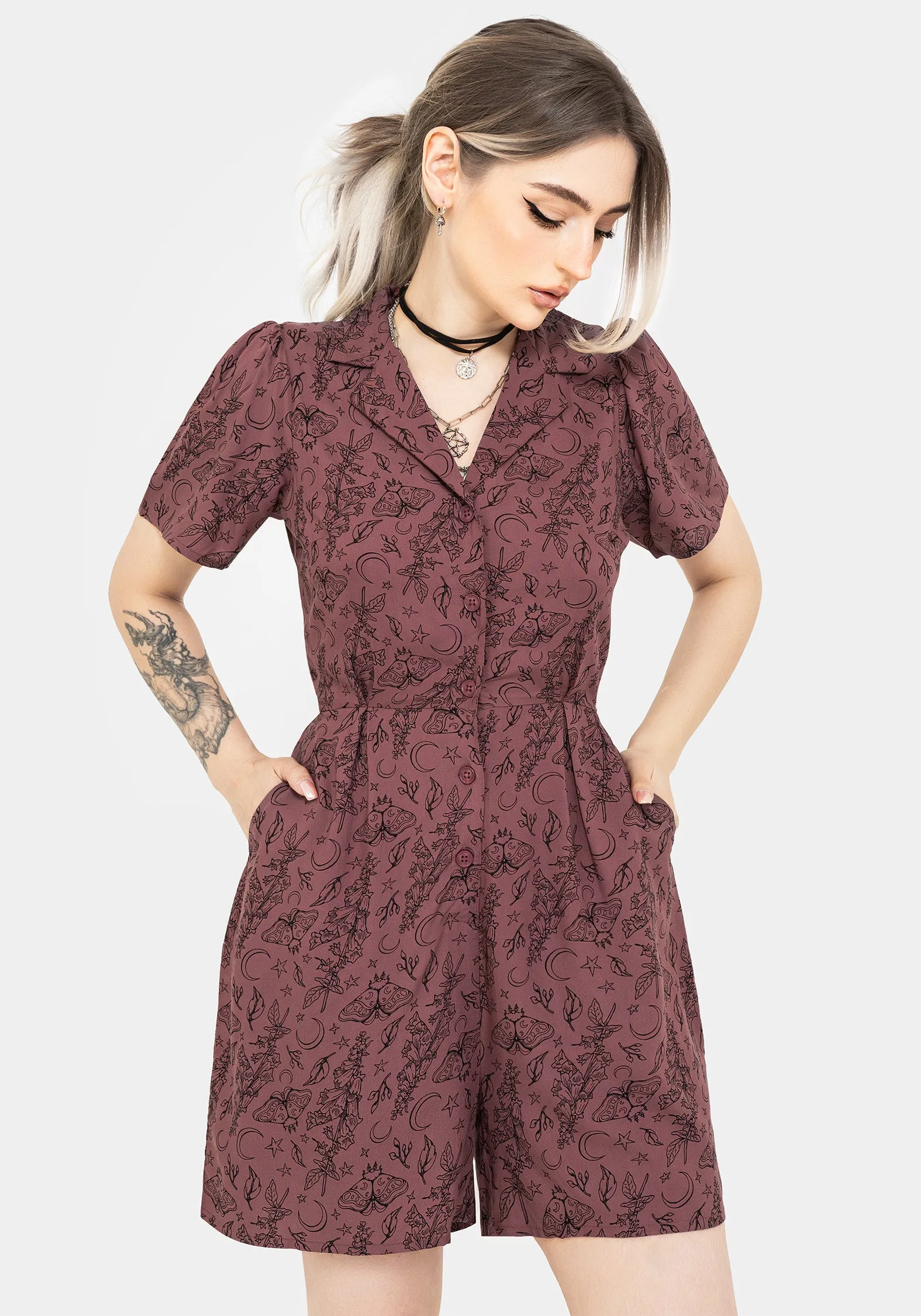 Roxana Moth Foxglove Button Up Playsuit Sporty Travel Dinner Comfy
