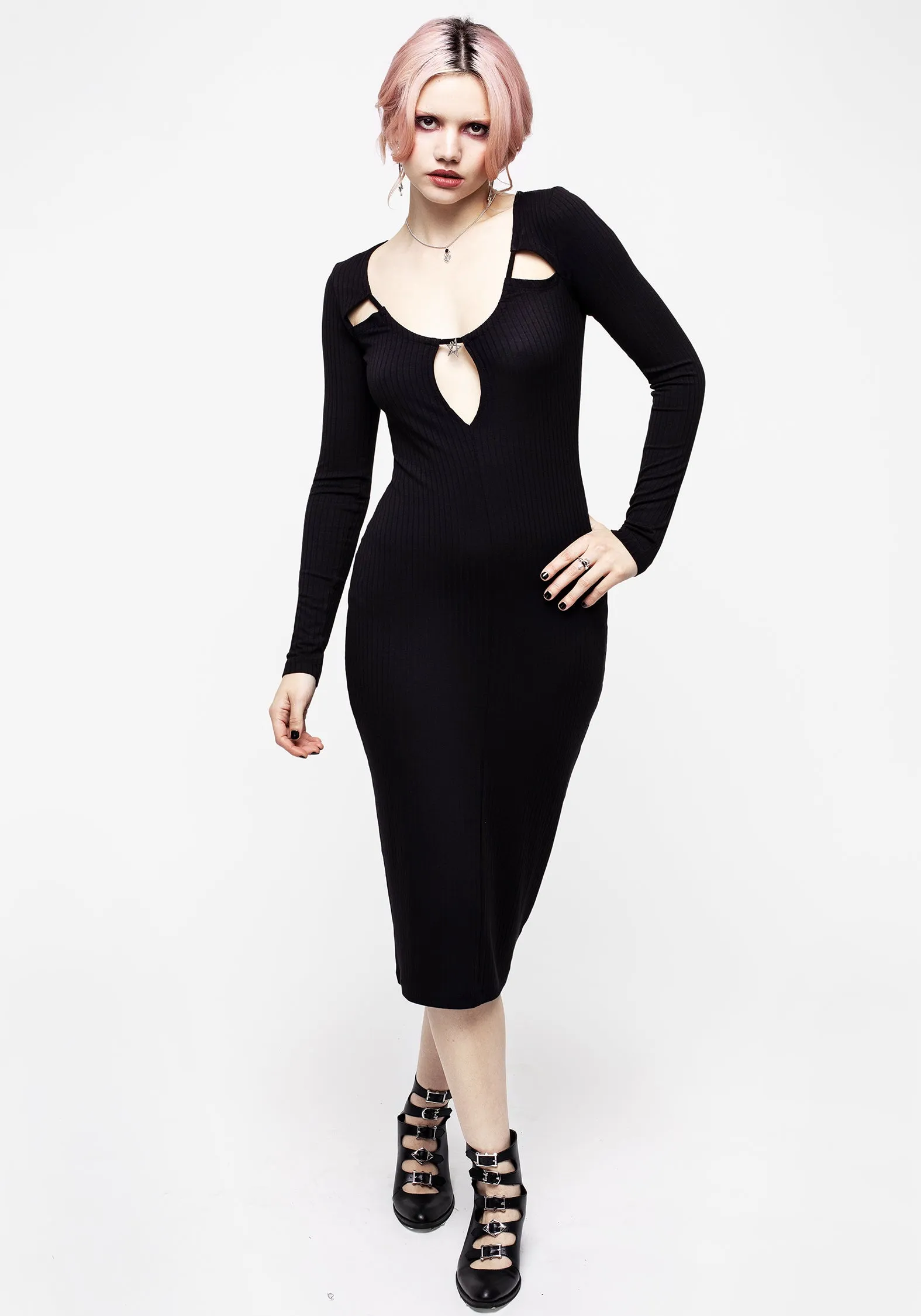 Roxanne Cut Out Ribbed Bodycon Midi Dress Sophisticated Line Travel Vibe