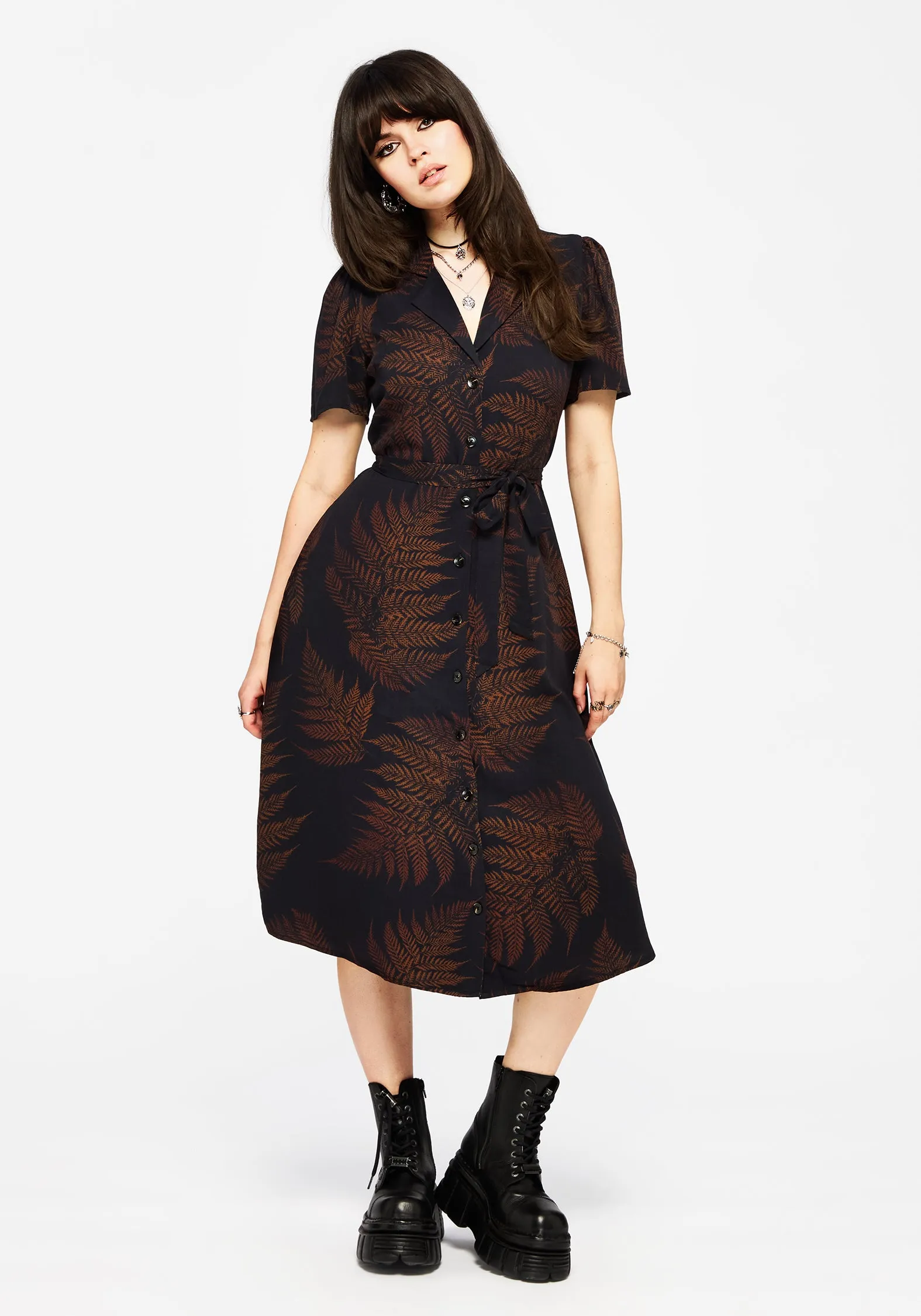 Ruin Fern Printed Midi Shirt Dress - Brown Polished Design Flattering Outfit