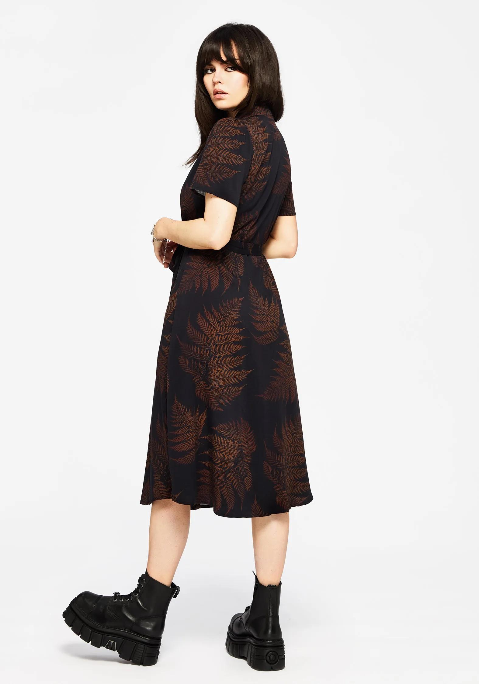 Office Classic Ruin Fern Printed Midi Shirt Dress - Brown