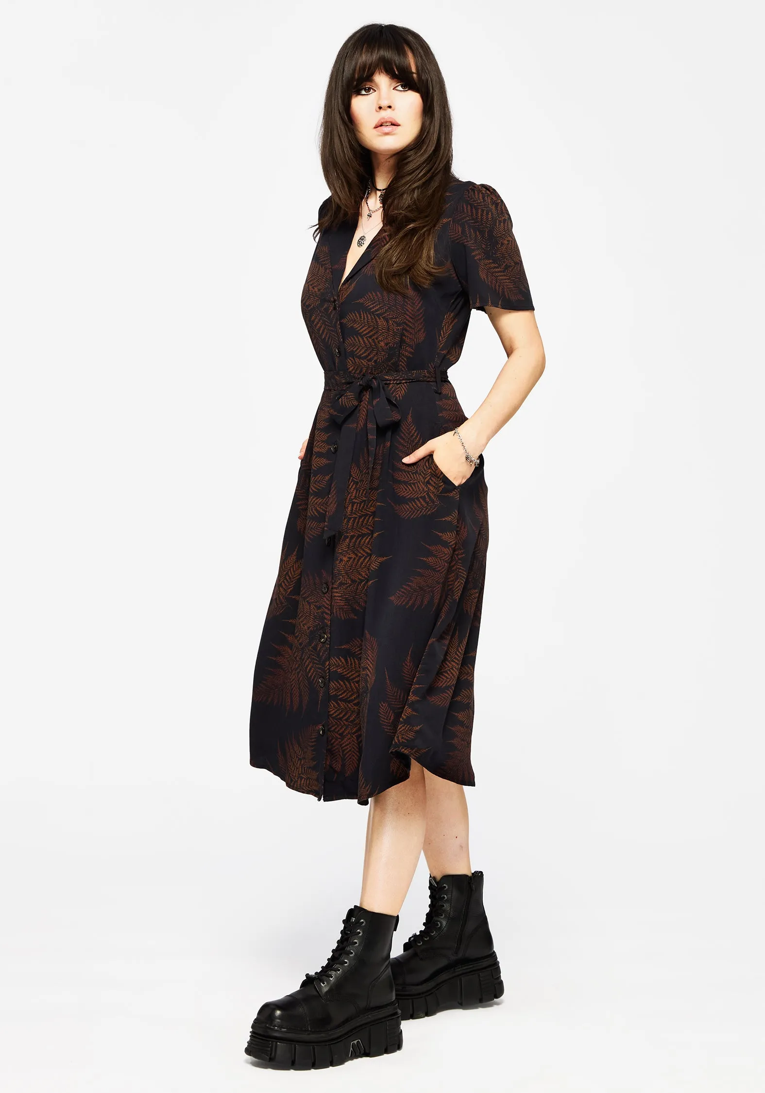 Subtle Stitch Simple Texture Ruin Fern Printed Midi Shirt Dress - Brown