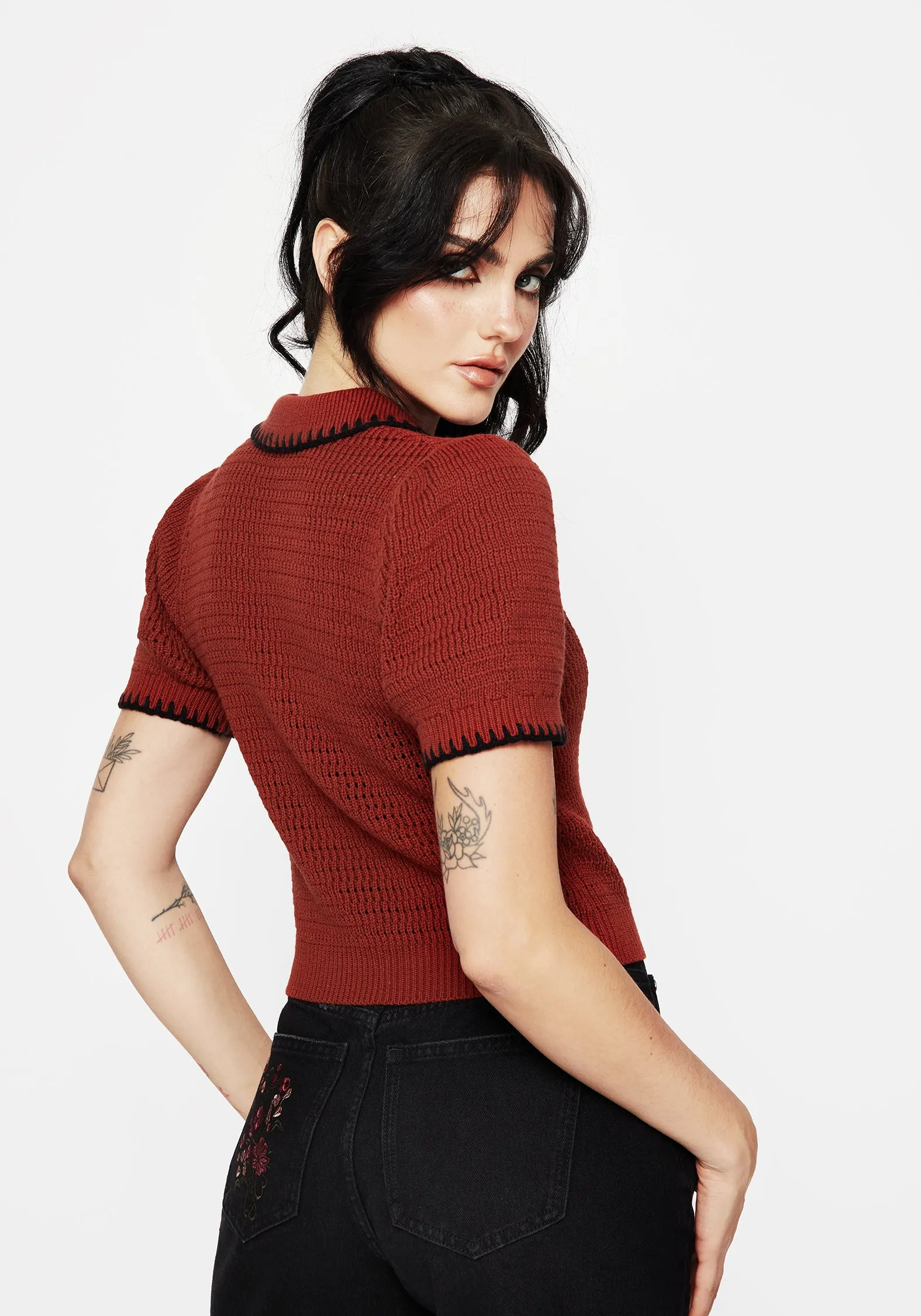 Hooded Neckline Option Saffron Floral Embroidered Scallop Collar Pointelle Knit Cardigan