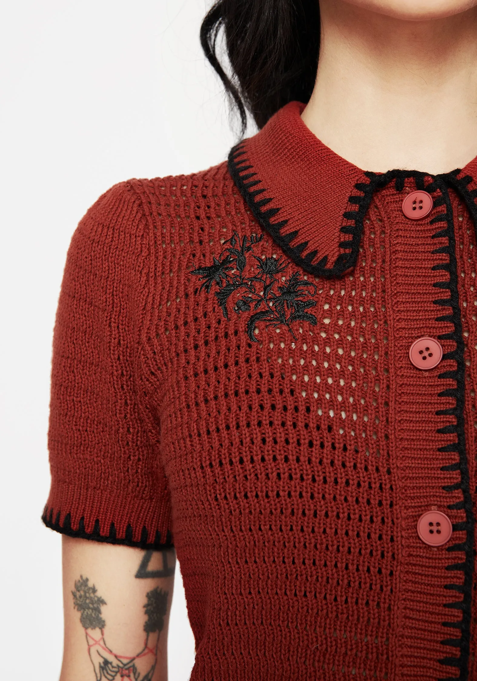 Saffron Floral Embroidered Scallop Collar Pointelle Knit Cardigan Urban Wear