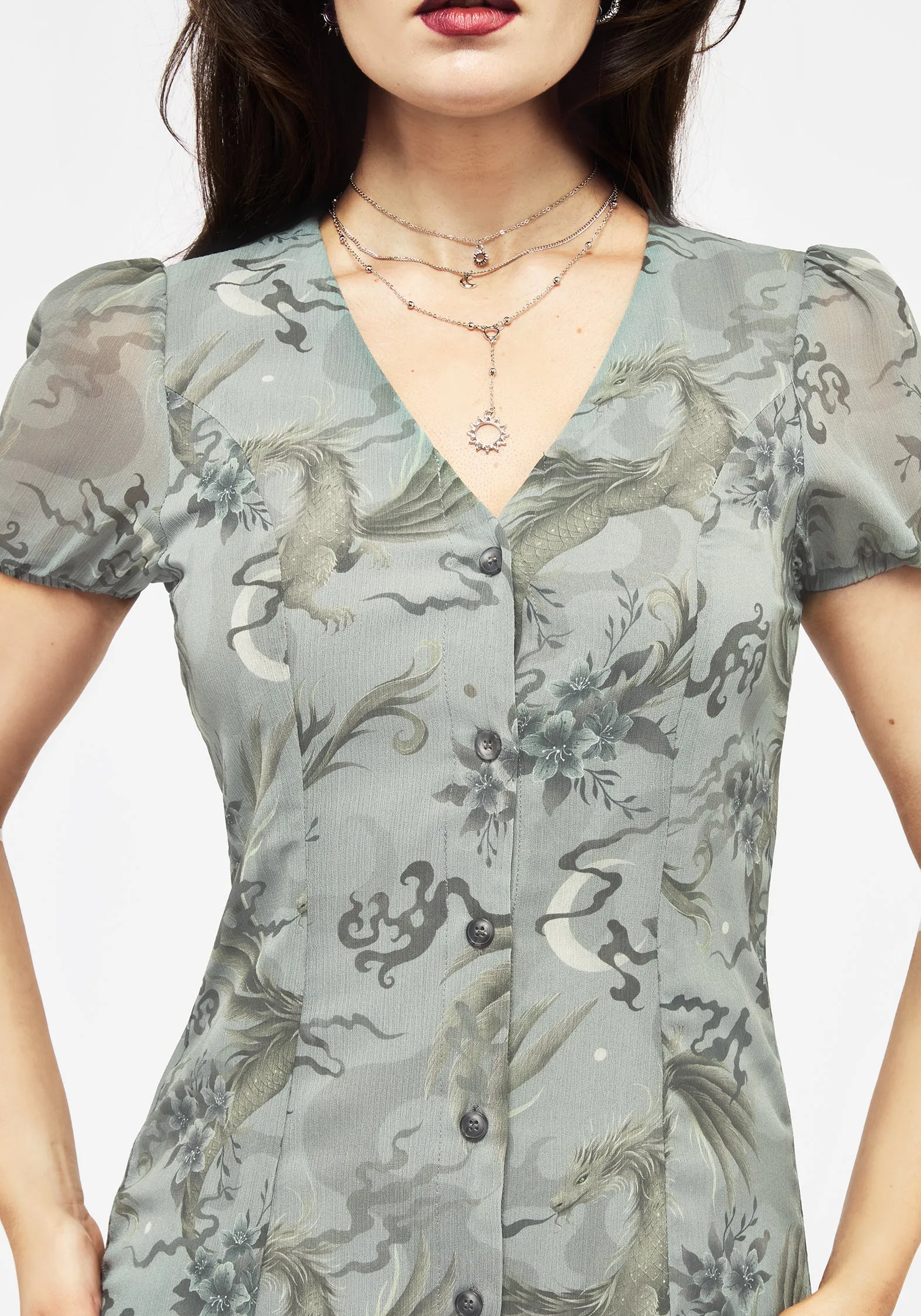 Sapphira Dragon Print Chiffon Button Up Midi Dress Playful Twist