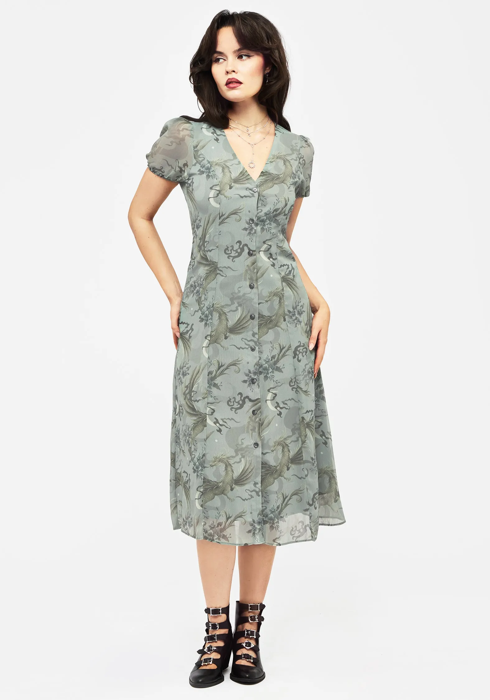 Mid Season Versatile Piece Sapphira Dragon Print Chiffon Button Up Midi Dress