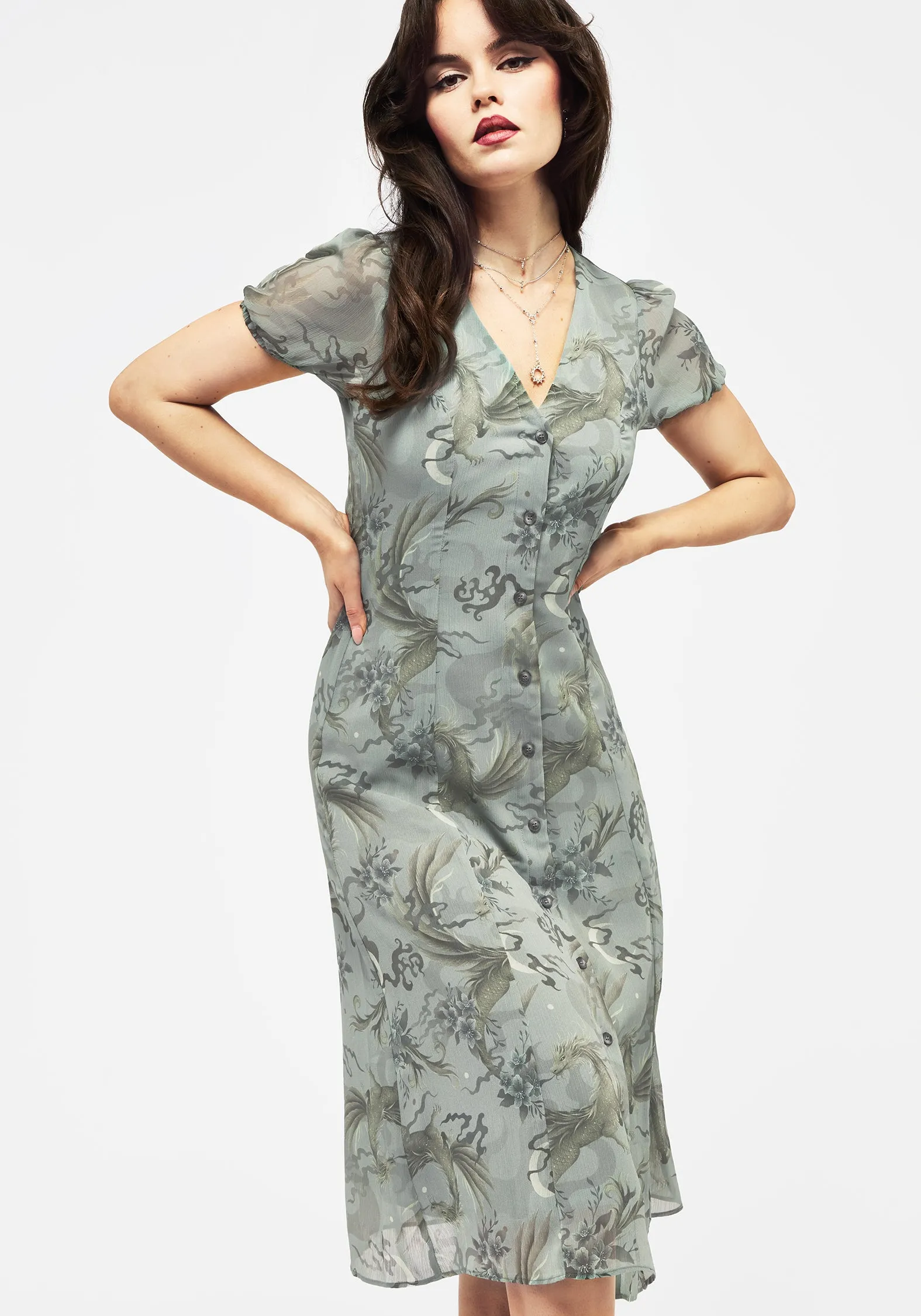 Sapphira Dragon Print Chiffon Button Up Midi Dress Casual Tone Art-Gallery