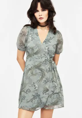 Sapphira Dragon Print Chiffon Mini Wrap Dress Youth Flair