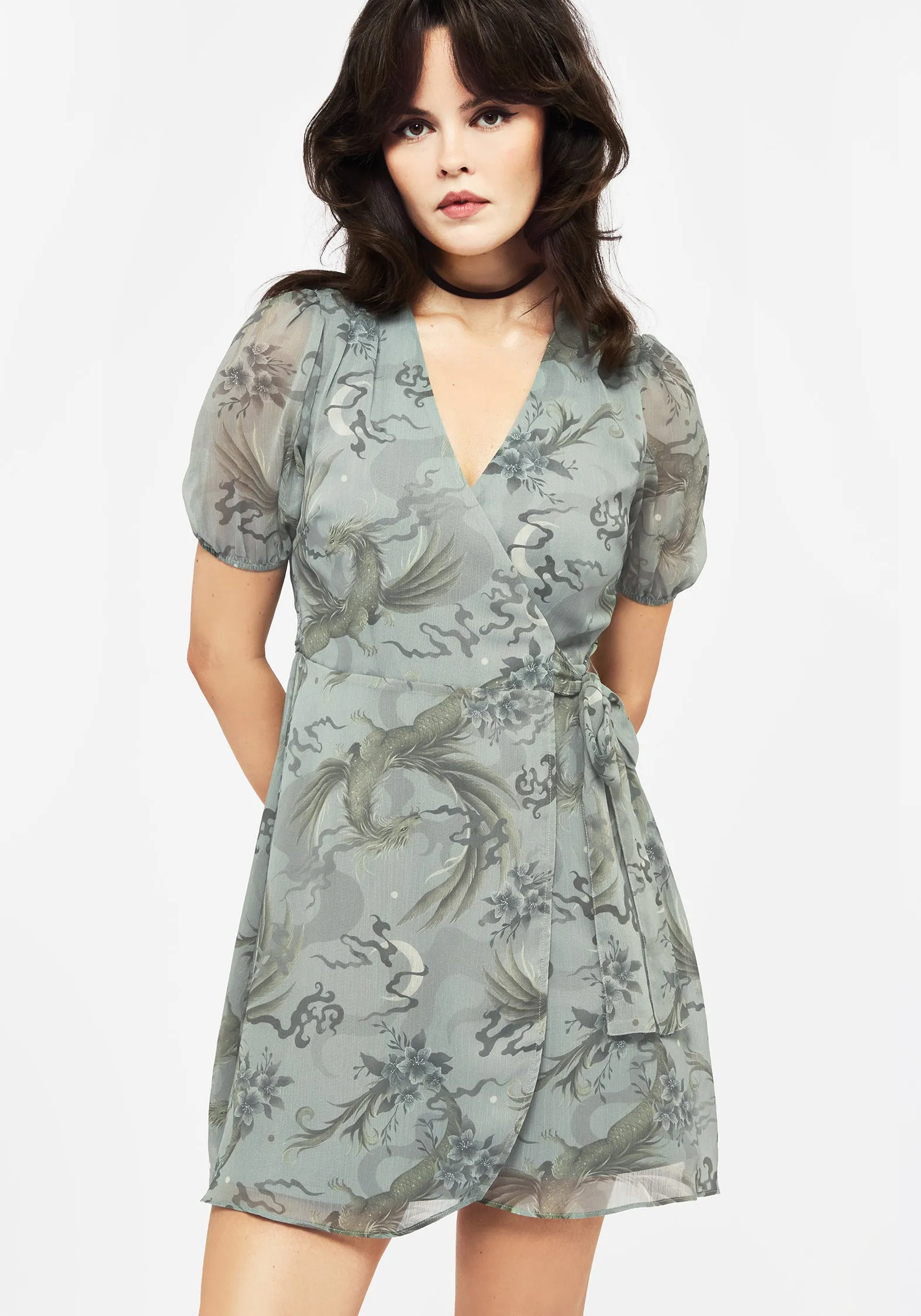 Delicate Lines Sapphira Dragon Print Chiffon Mini Wrap Dress