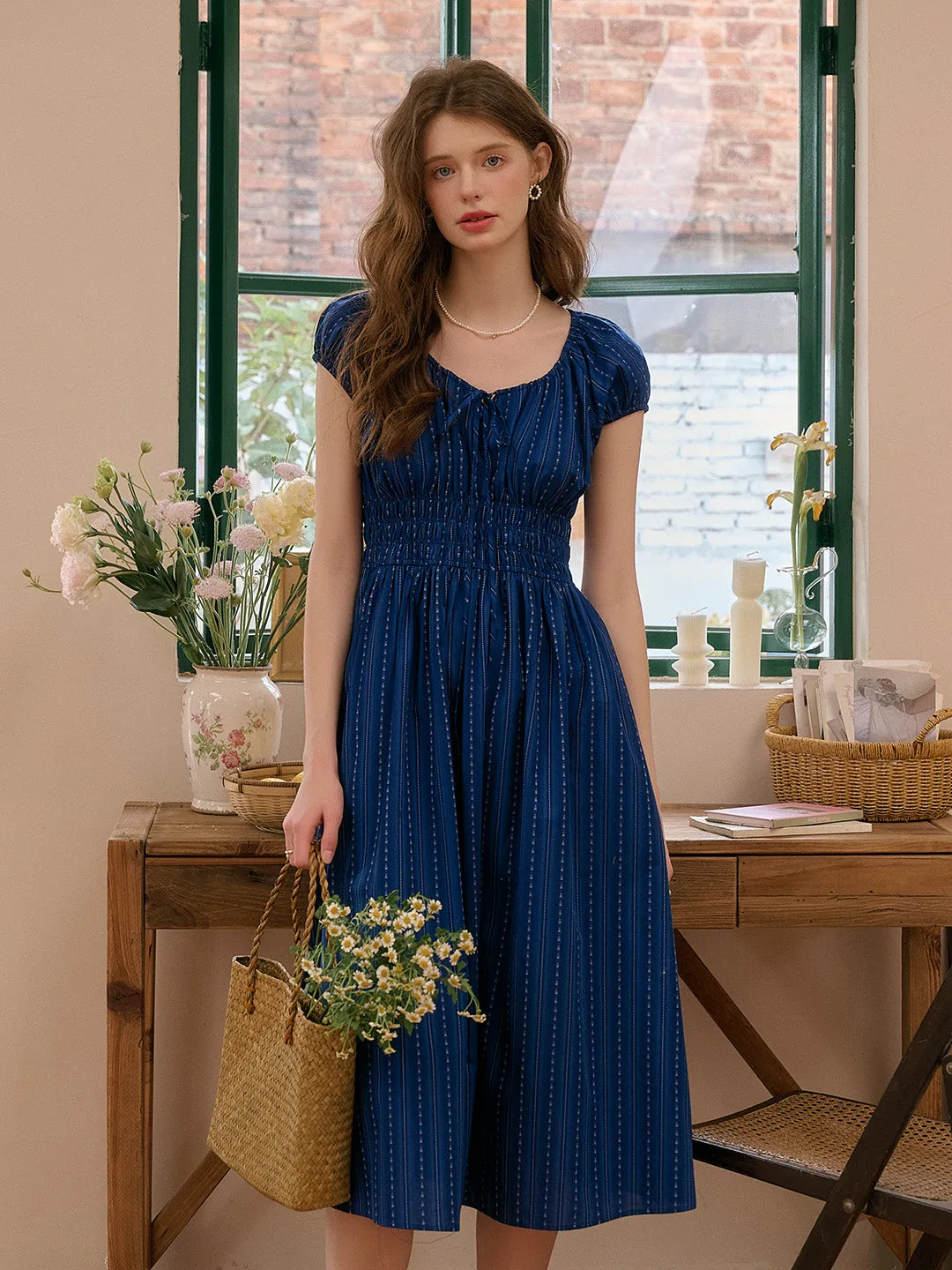 Trendy Fit Look Perfect Cut Sapphire Round Neck Waist Cotton Dress