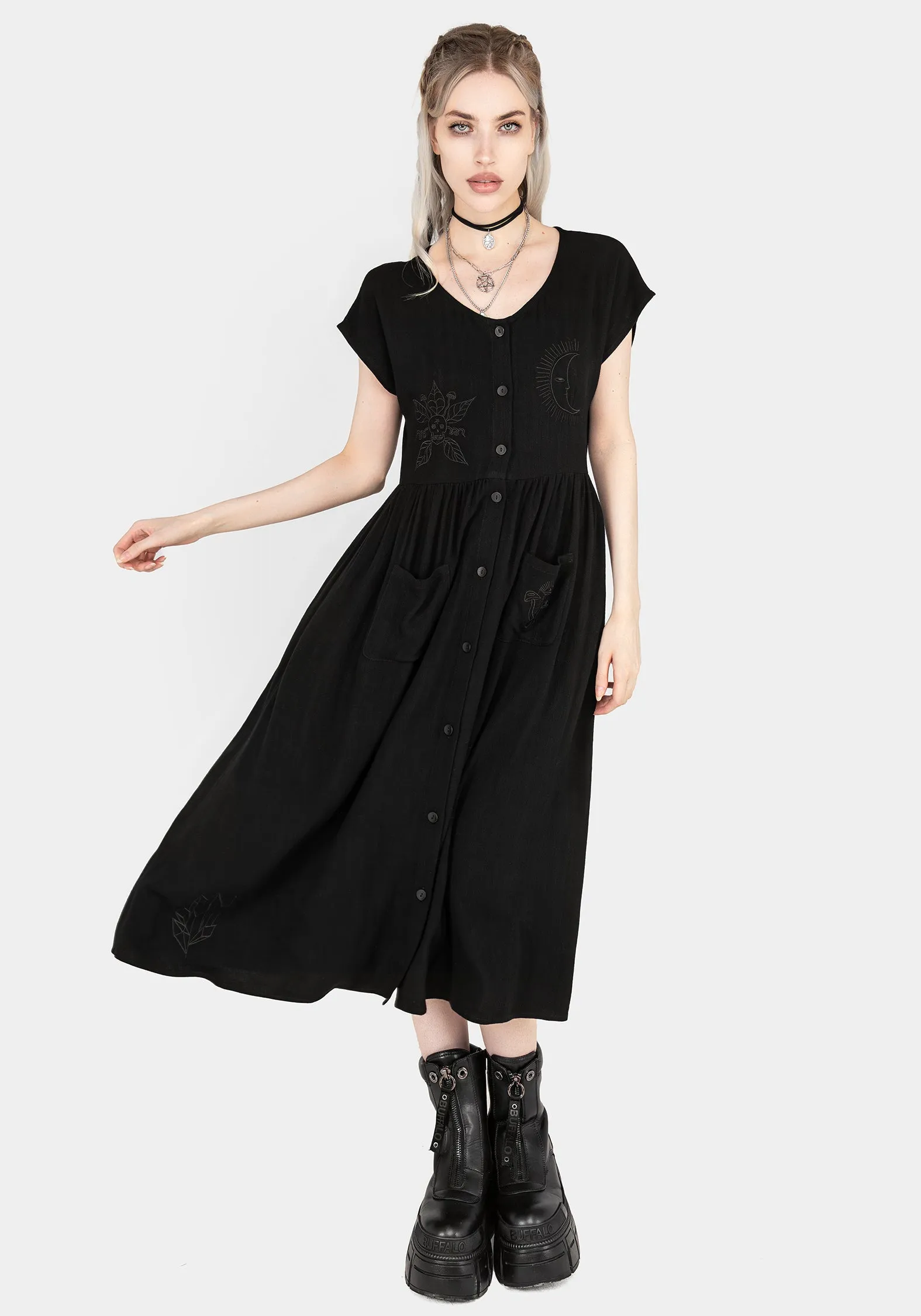 Scutellaria Embroidered Button Up Midi Dress Dinner Outfit Smooth Line