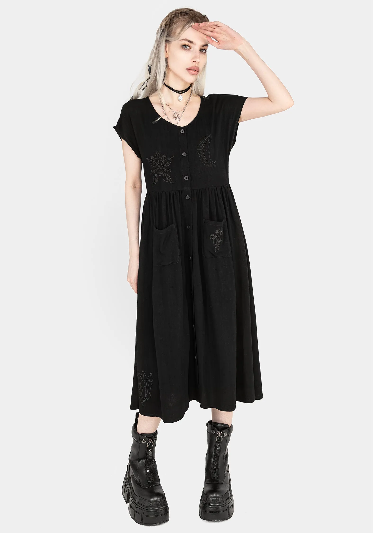 Chic Fit Scutellaria Embroidered Button Up Midi Dress