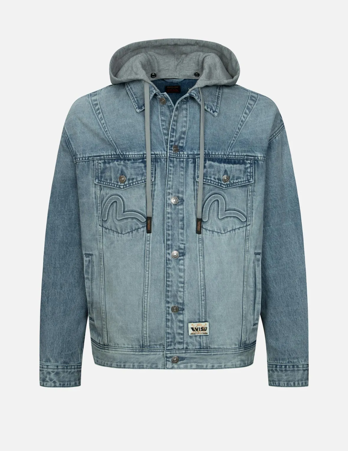 Seagull and Logo Embossed Print Loose Fit Denim Jacket DurableDoubleLayeredHem AllPurposeWear