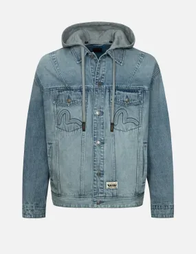 Seagull and Logo Embossed Print Loose Fit Denim Jacket Friction Resistant Finish Odor Resistant