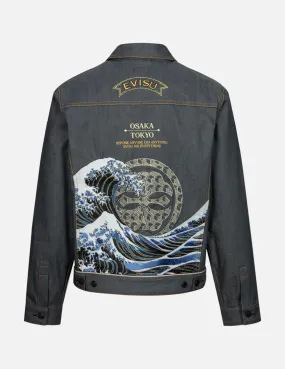 FlexibleCollarStructure DoubleNeedle Stitching Seagull and The Great Wave Embroidery Regular Fit Denim Jacket
