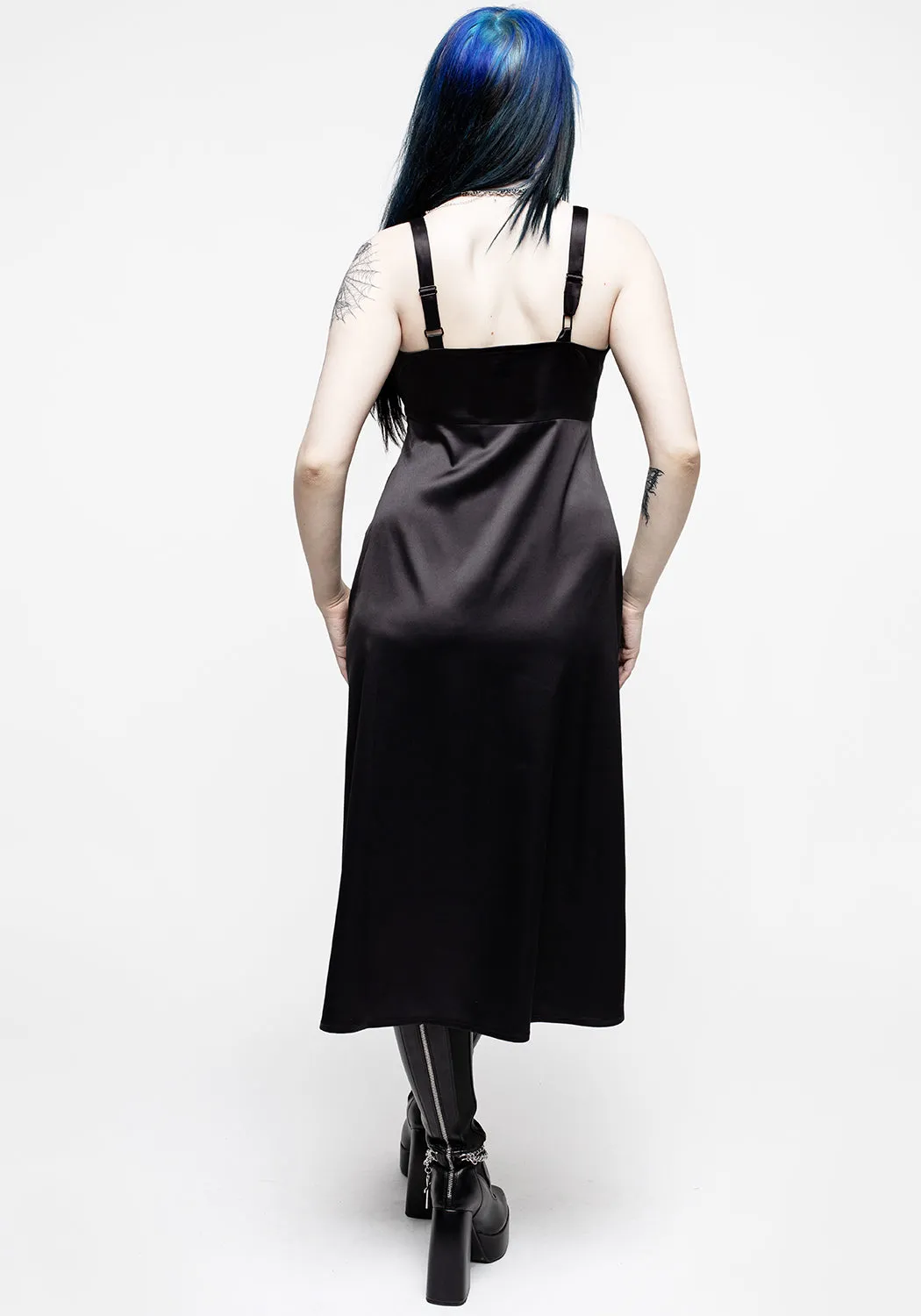 Medeina Lace Trim Satin Midi Slip Dress - Midnight Black Minimal Comfort