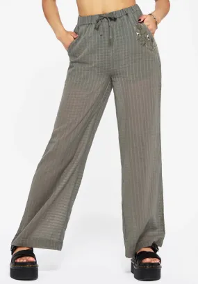smooth zipper Laser Cut Edges Koax Cotton Check Embroidered Beach Trouser