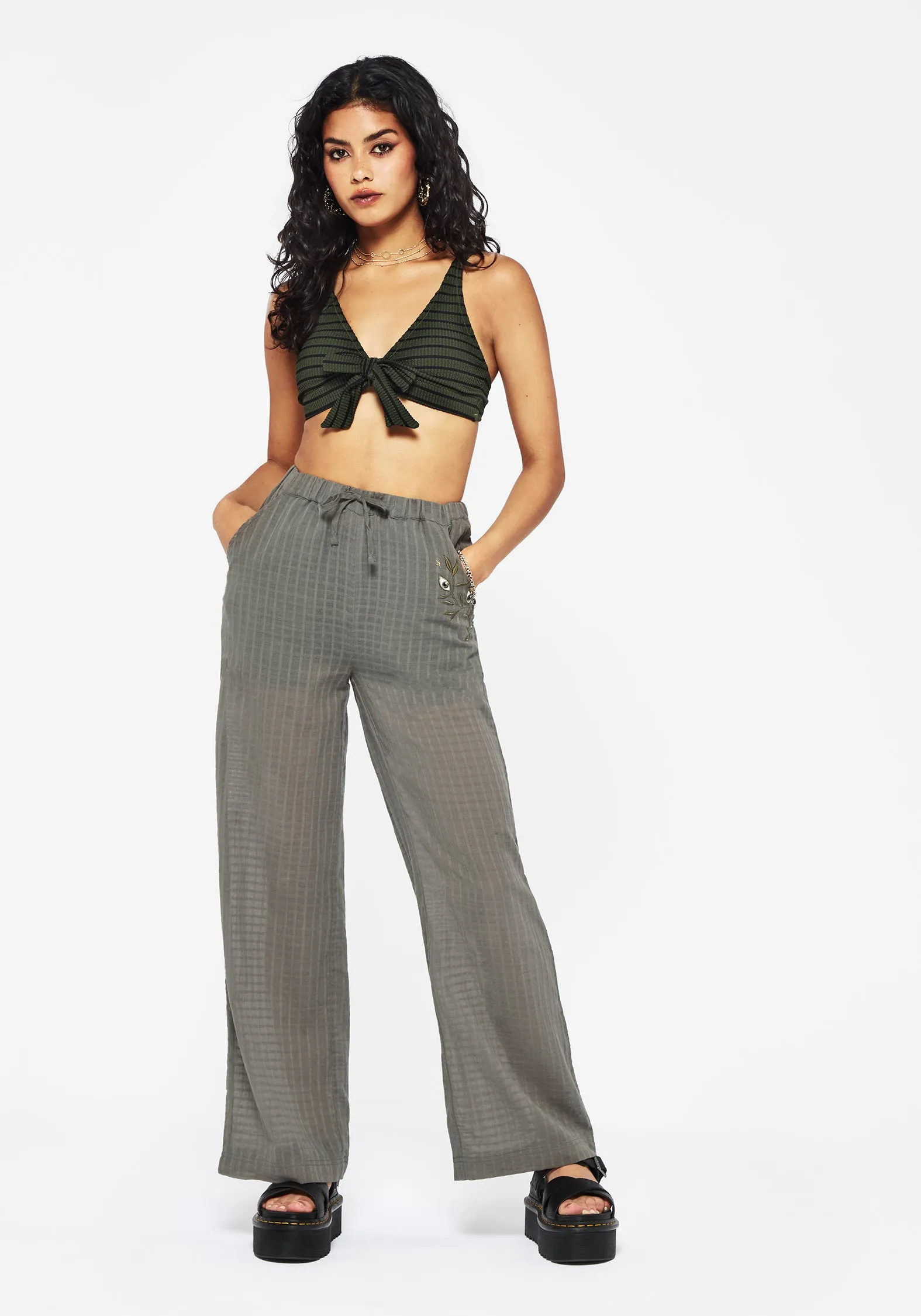 Laidback Style Koax Cotton Check Embroidered Beach Trouser