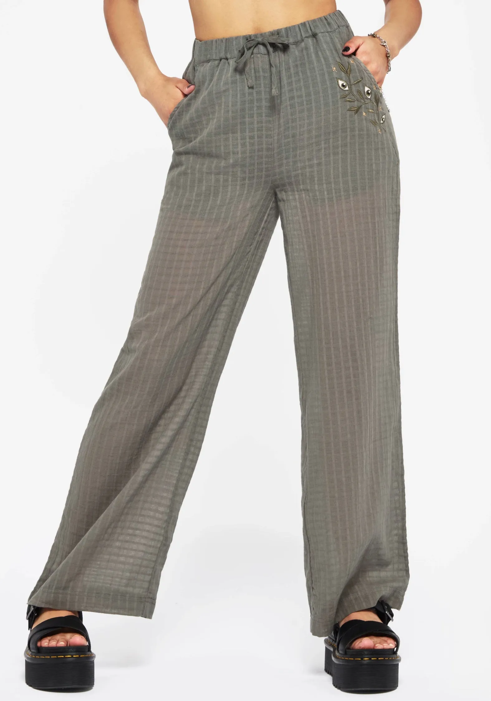 smooth zipper Laser Cut Edges Koax Cotton Check Embroidered Beach Trouser