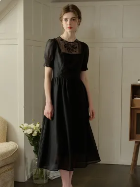 Ariella Round Neck Mesh Embroidered Puff Sleeve Dress Romantic Style Modern Design
