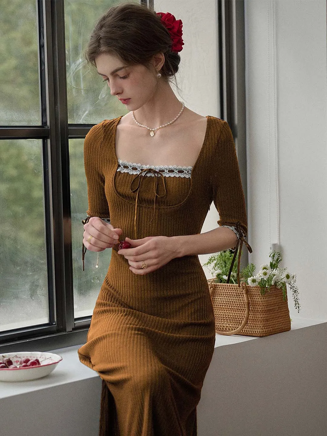 Michelle Bow Lace Square Neck Knitted Color Block Dress-Brown Subtle Look