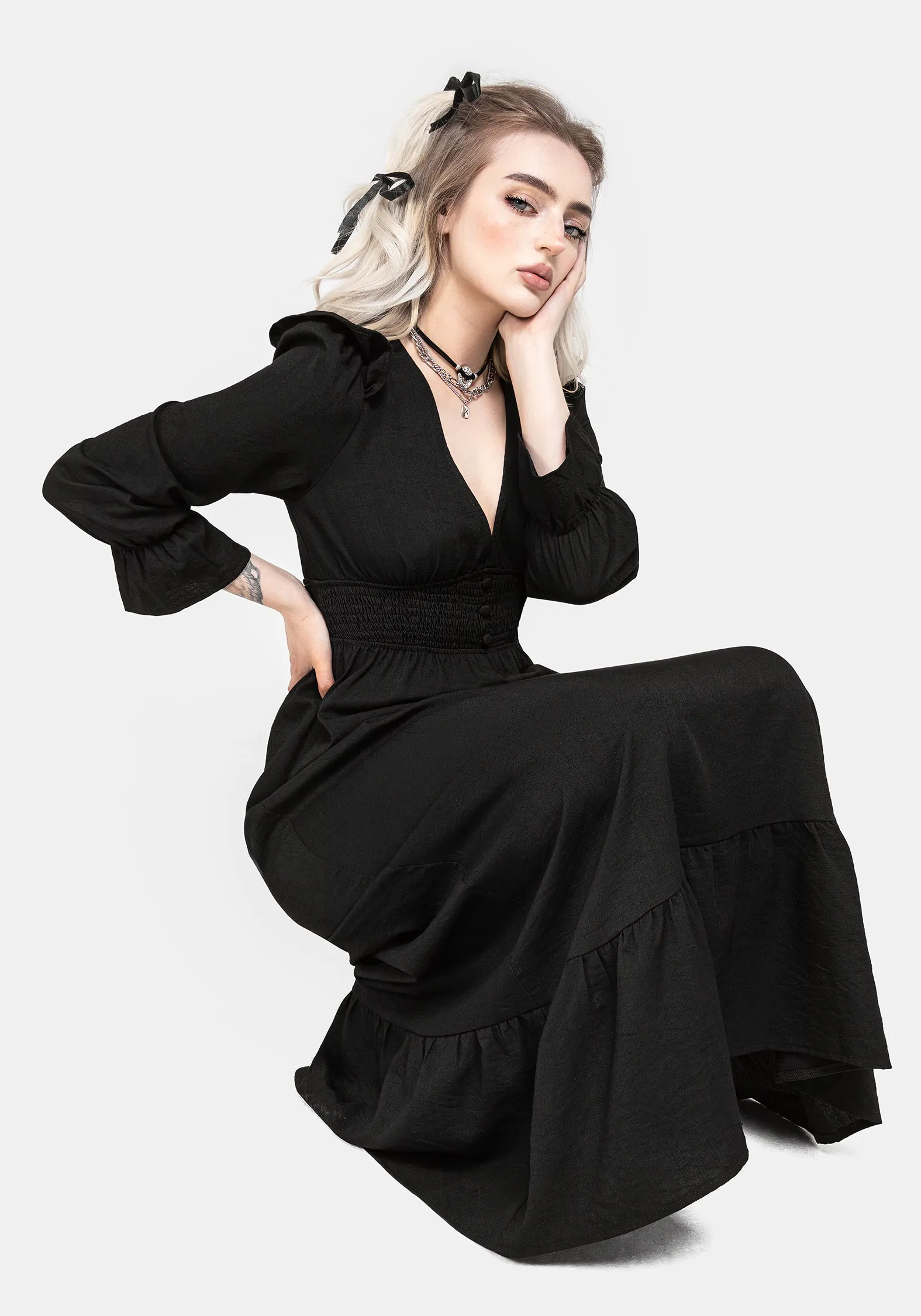 Secrecy Frill Maxi Dress High-Low-Hem Soft Profile