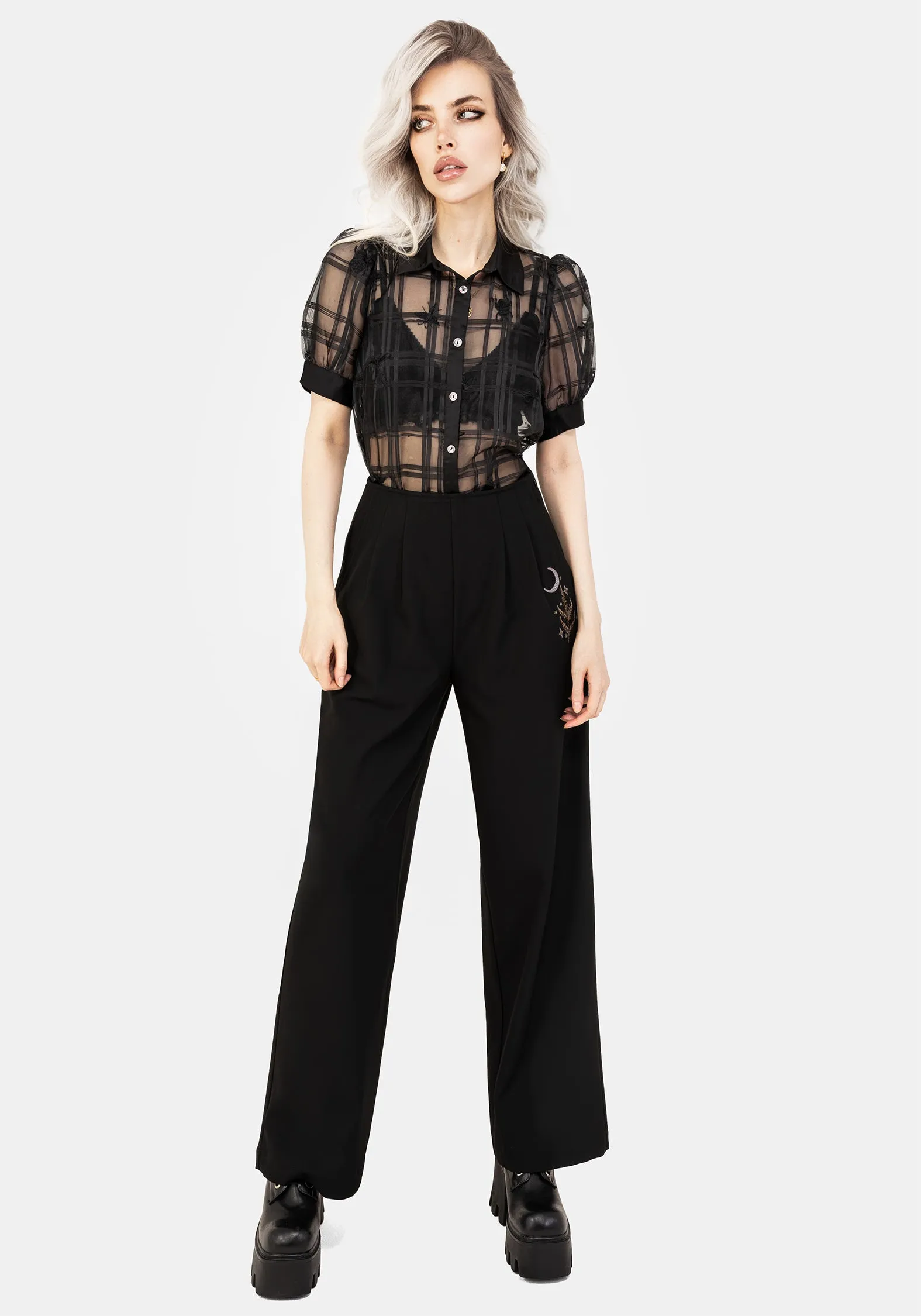 ElasticTrimming Sedona Organza Check Embroidered Button Up Shirt