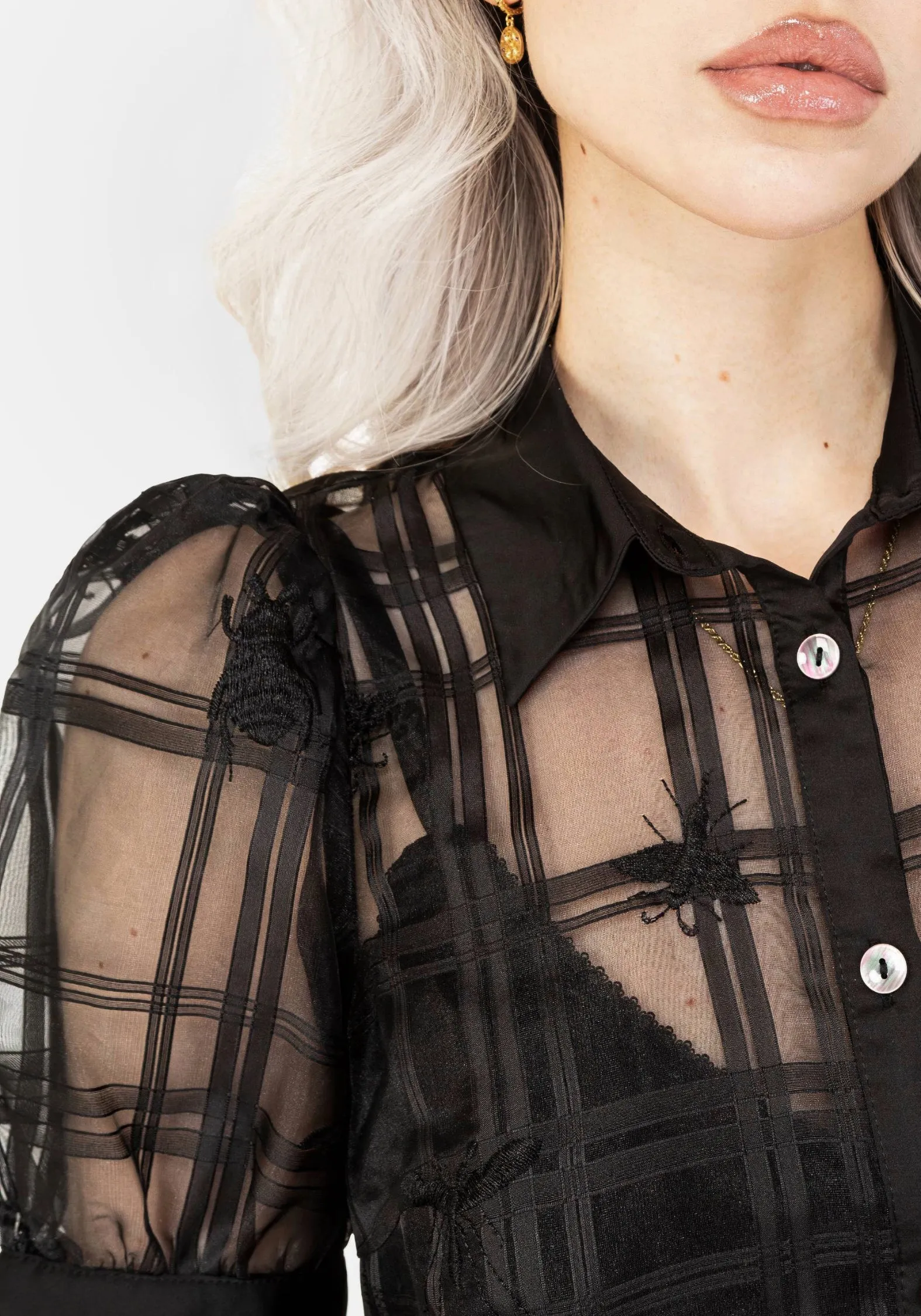 Raw Edge Finish Sedona Organza Check Embroidered Button Up Shirt