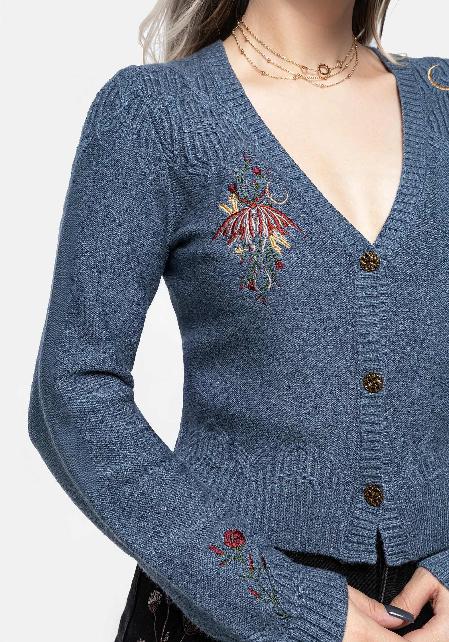 Selenia Moth Embroidered Cable Twist Knit Cardigan Fashion Fit