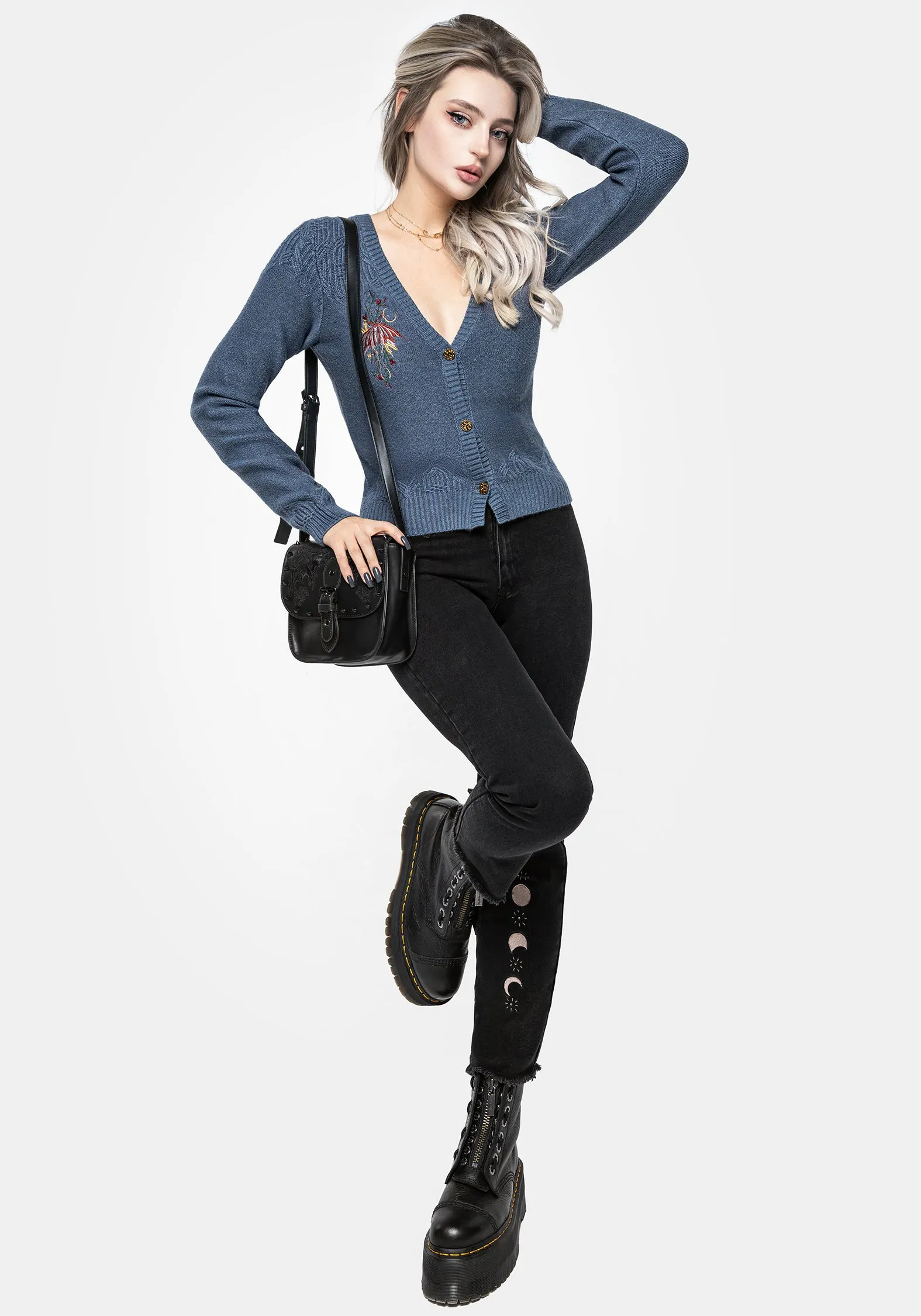 Selenia Moth Embroidered Cable Twist Knit Cardigan FadeResistant Color