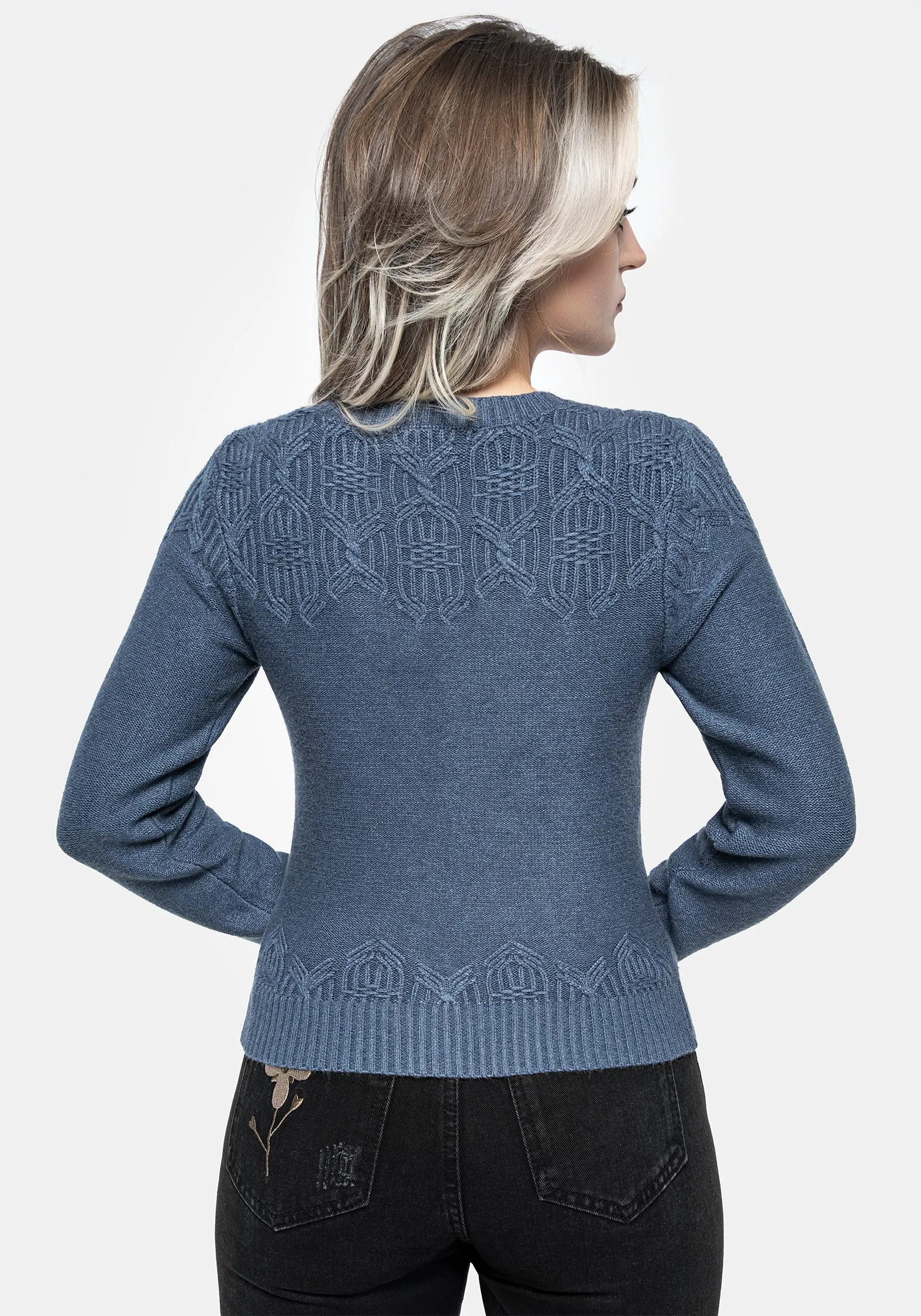 Selenia Moth Embroidered Cable Twist Knit Cardigan Quick Fit Odor Resistant Blend