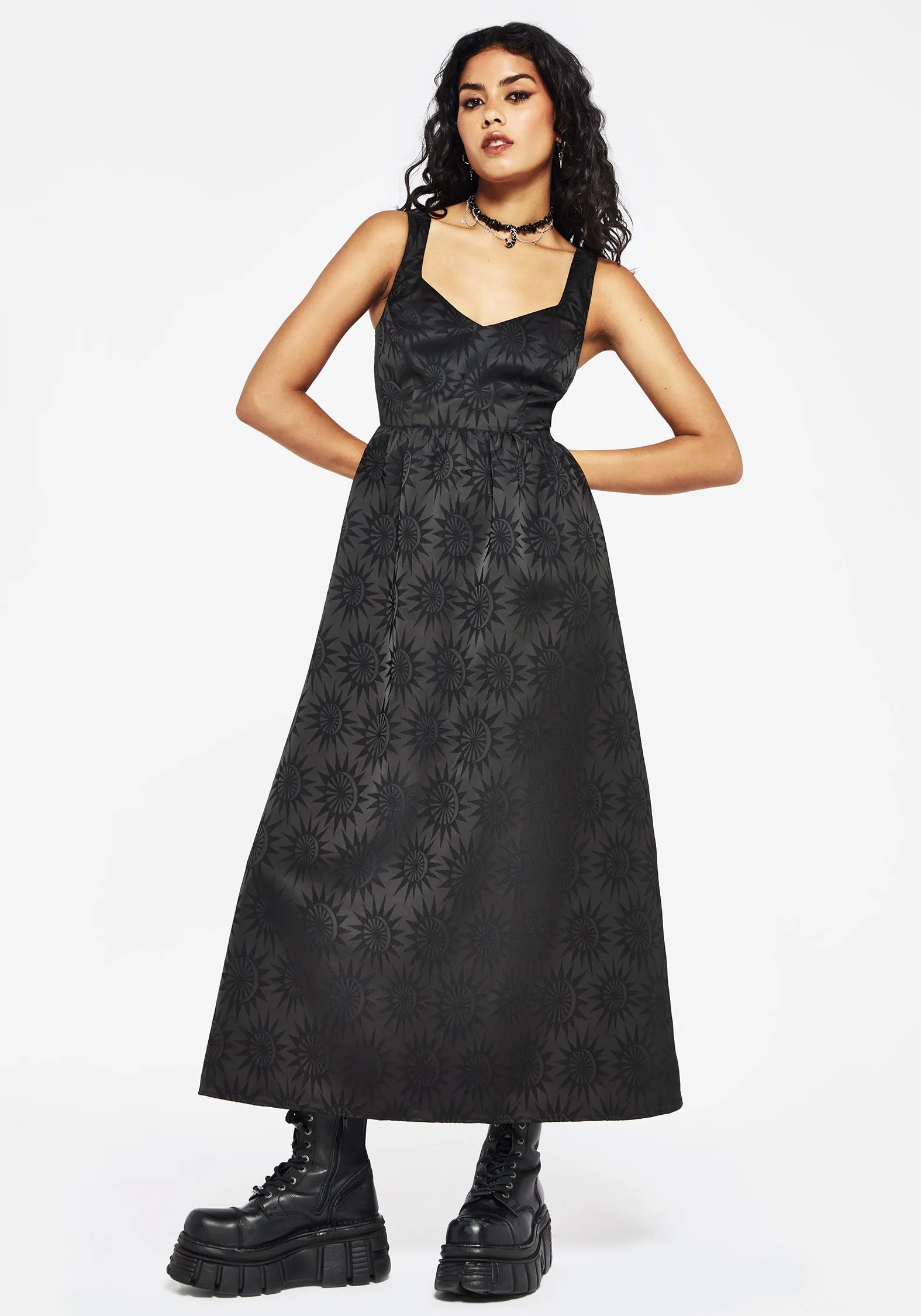 Sharp Look Quilted-Lining Semine Celestial Printed Cami Midi Dress