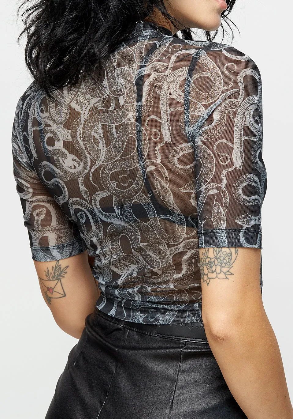 Serpente Print Mesh Short Sleeve Crop Top Self Cleaning Coating Classic Cut