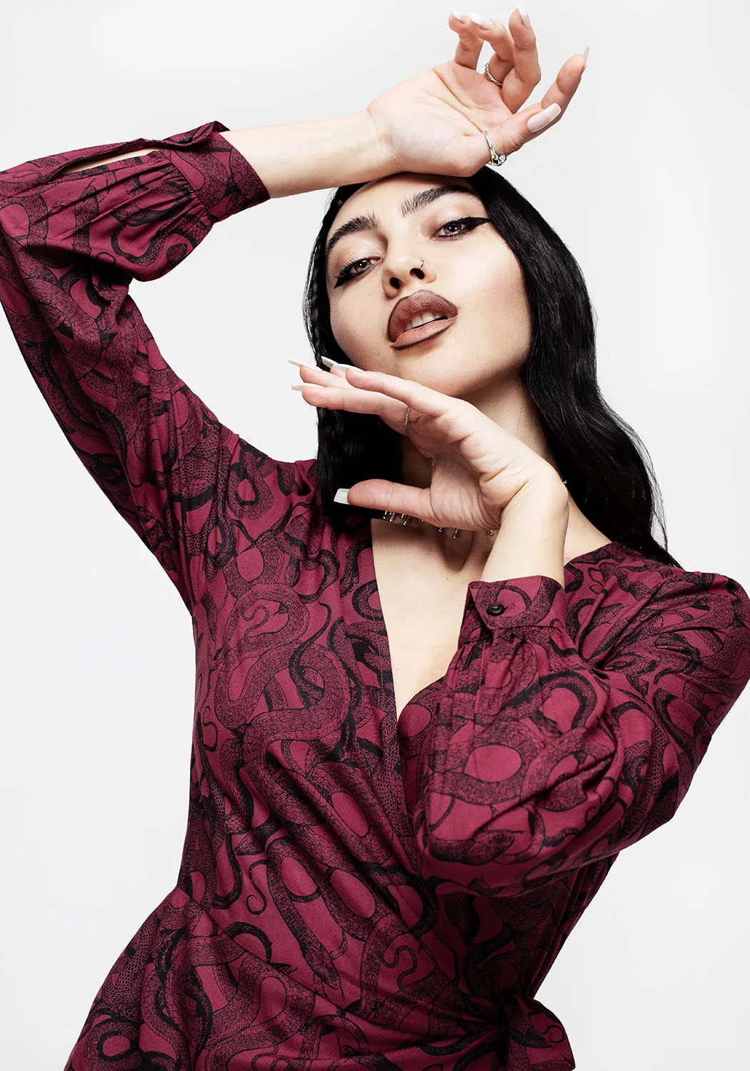 Ophidia Snakes Print Wrap Maxi Dress - Red Azure Tide Sunset Peak