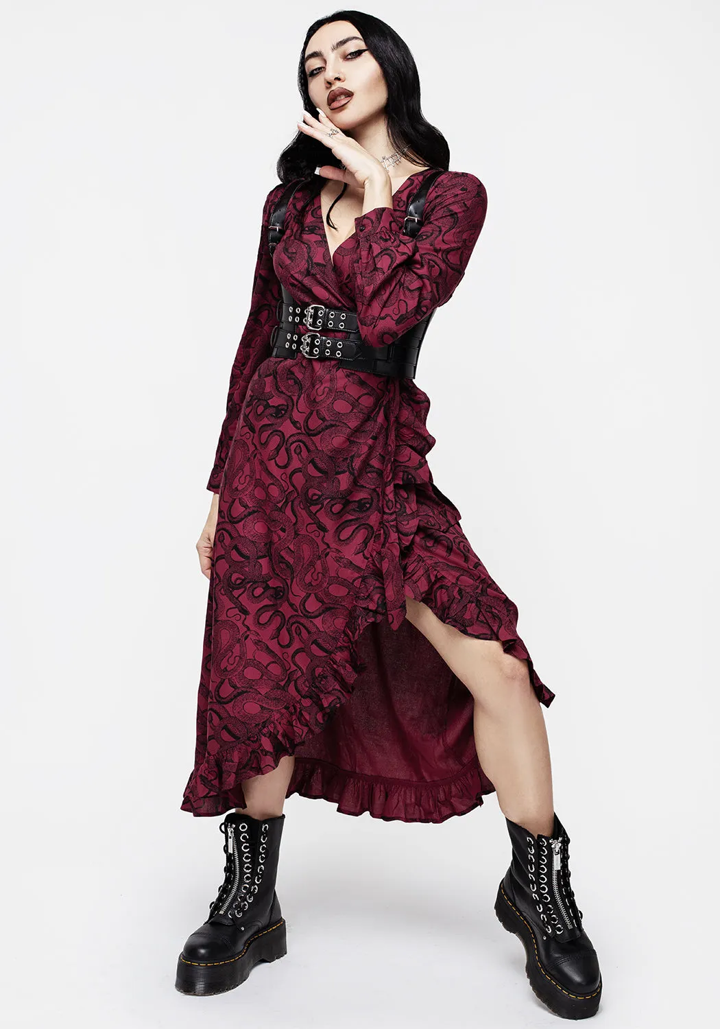 Ophidia Snakes Print Wrap Maxi Dress - Red Fall Tone