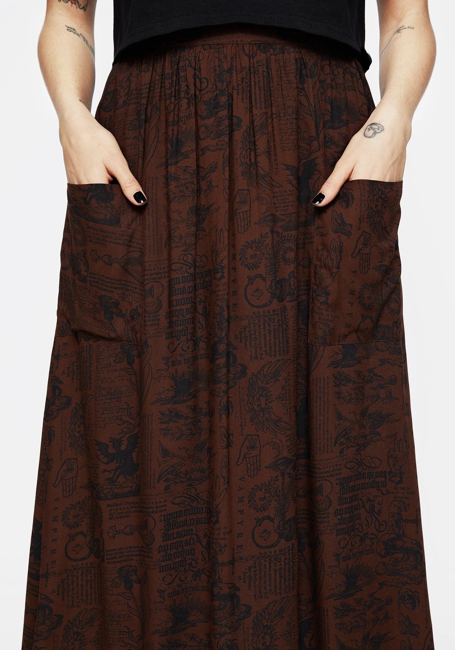 Invisible Seams Neutrals Only Daemonologie Woodcut Print Midaxi Skirt