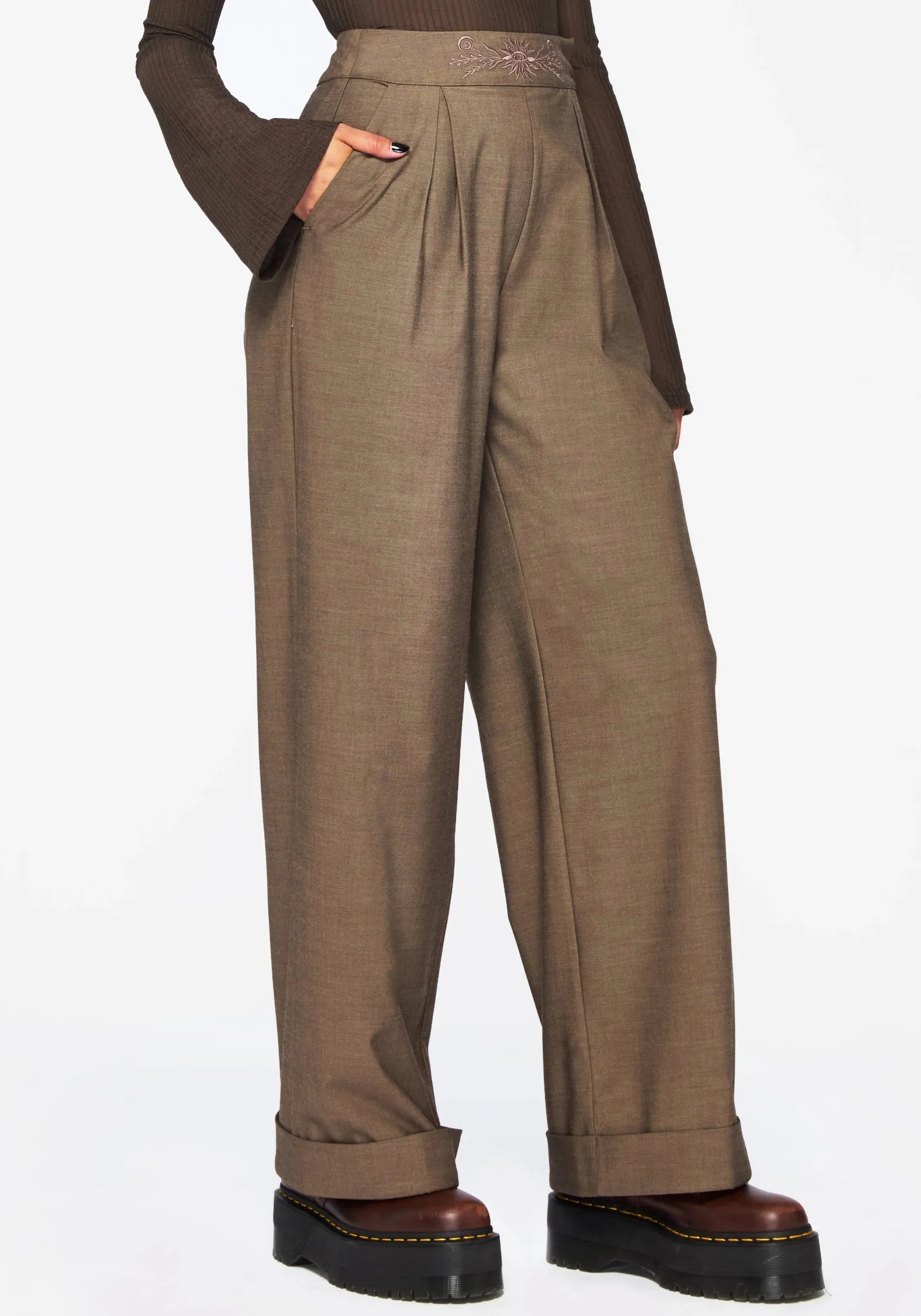 Mystic Embroidered Turn Up Wide Leg Trouser Invisible Seams