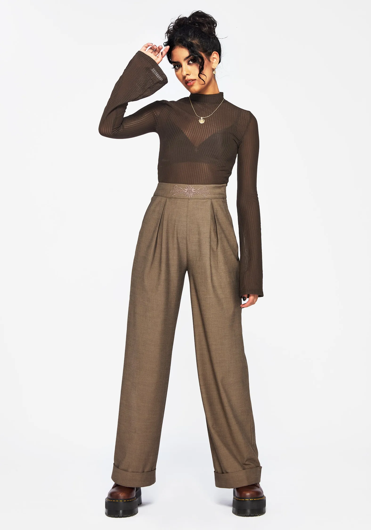 Water resistant coating Mystic Embroidered Turn Up Wide Leg Trouser